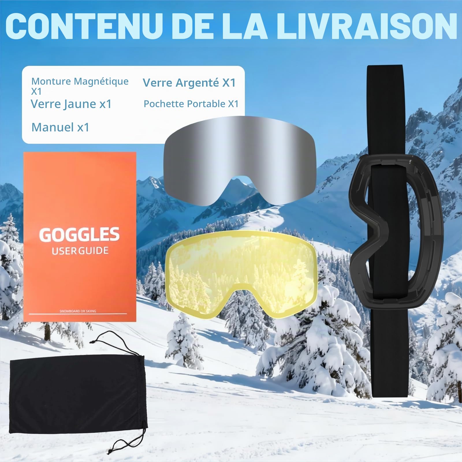 VCOROS Masque de Ski YH212 avec Magnétique Lentille Interchangeable | Lunettes de Ski OTG pour Unisexes Ajustables Anti Buée Coupe-Vent Anti-UV Lunettes de Snowboard pour Sports Hiver