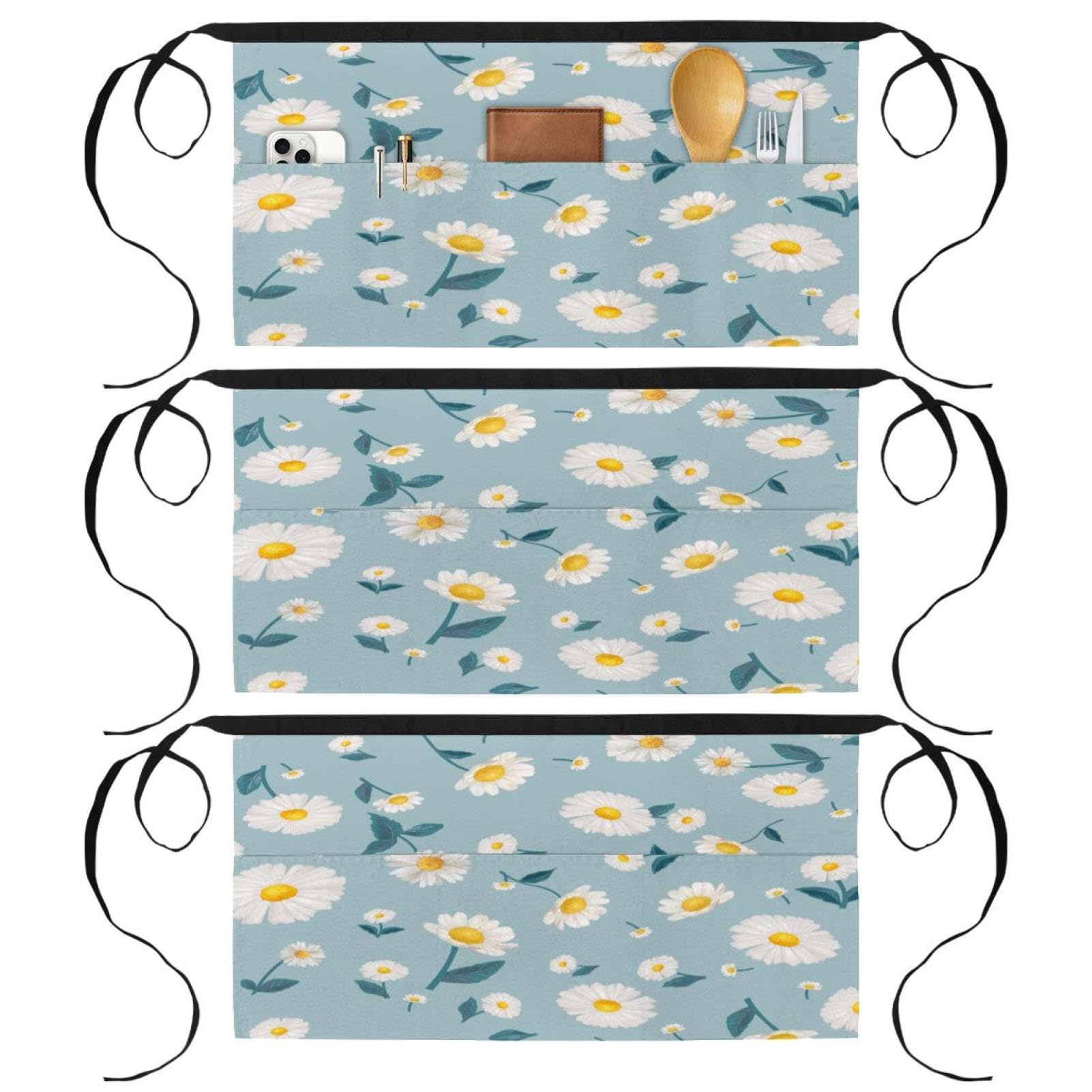 VAPOKF 3 Packs Waist Apron, Short Chefs Waiter Waitress Apron with 3 Pockets, Half Apron for Cooking Baking Home Cleaning Restaurant Work Bistro Bar - Daisy Patterned Wallpaper