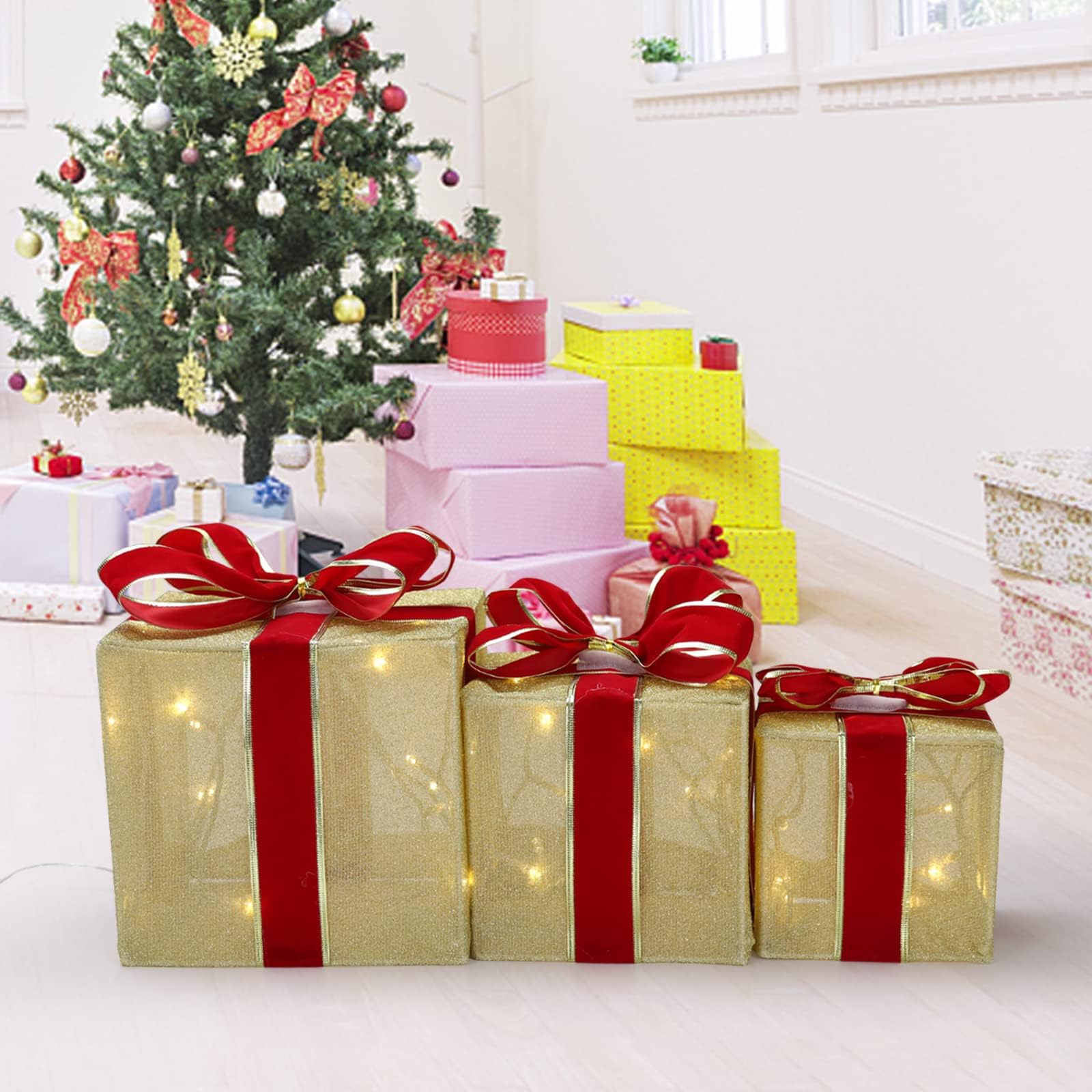 RIZZARI Decorazioni per scatole natalizie: set di 3 scatole regalo illuminate natalizie con fiocchi rossi per albero di Natale, decorazioni per interni ed esterni