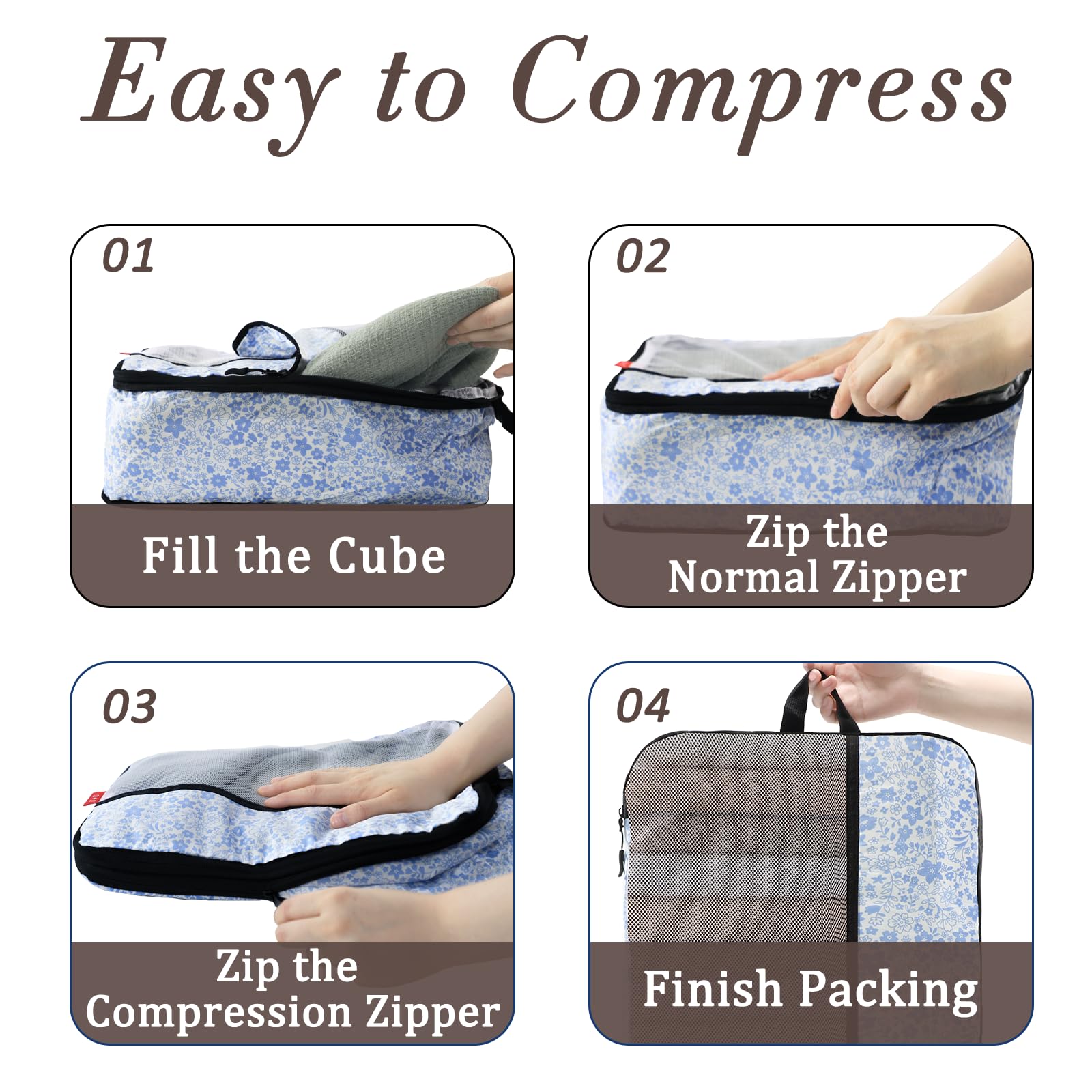 U+U Set di 10 cubi per imballaggio a compressione, organizer da viaggio (fiore blu) | Set da viaggio completo salvaspazio