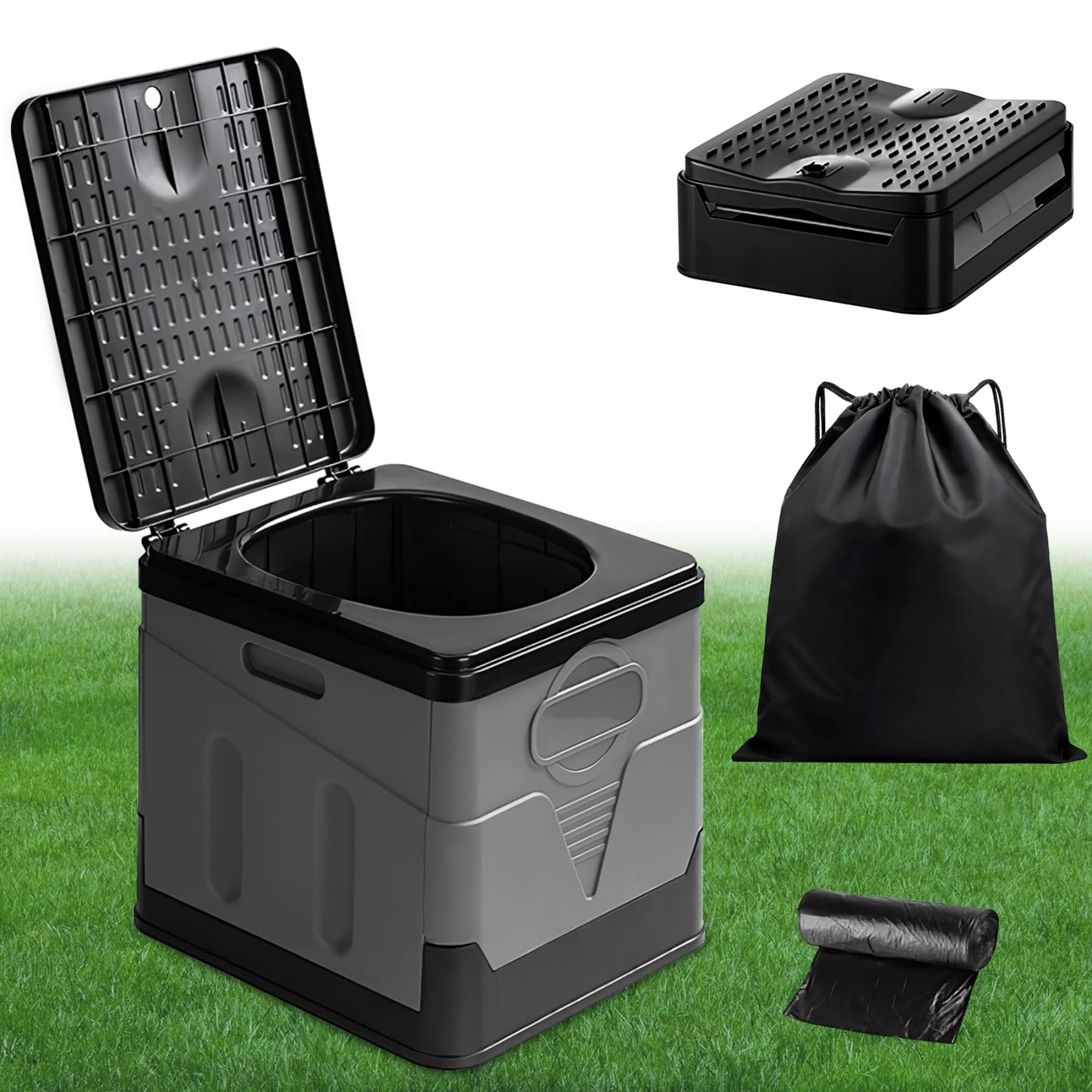 JYUHA Camping Toilet Portable, Adult Folding Travel Toilet Grey Fishing Toilet Foldable Car Toilet with 12 PCS Toilet Bags 1 PCS Storage Bag, Campervan Toilet for Picnic Hiking Fishing