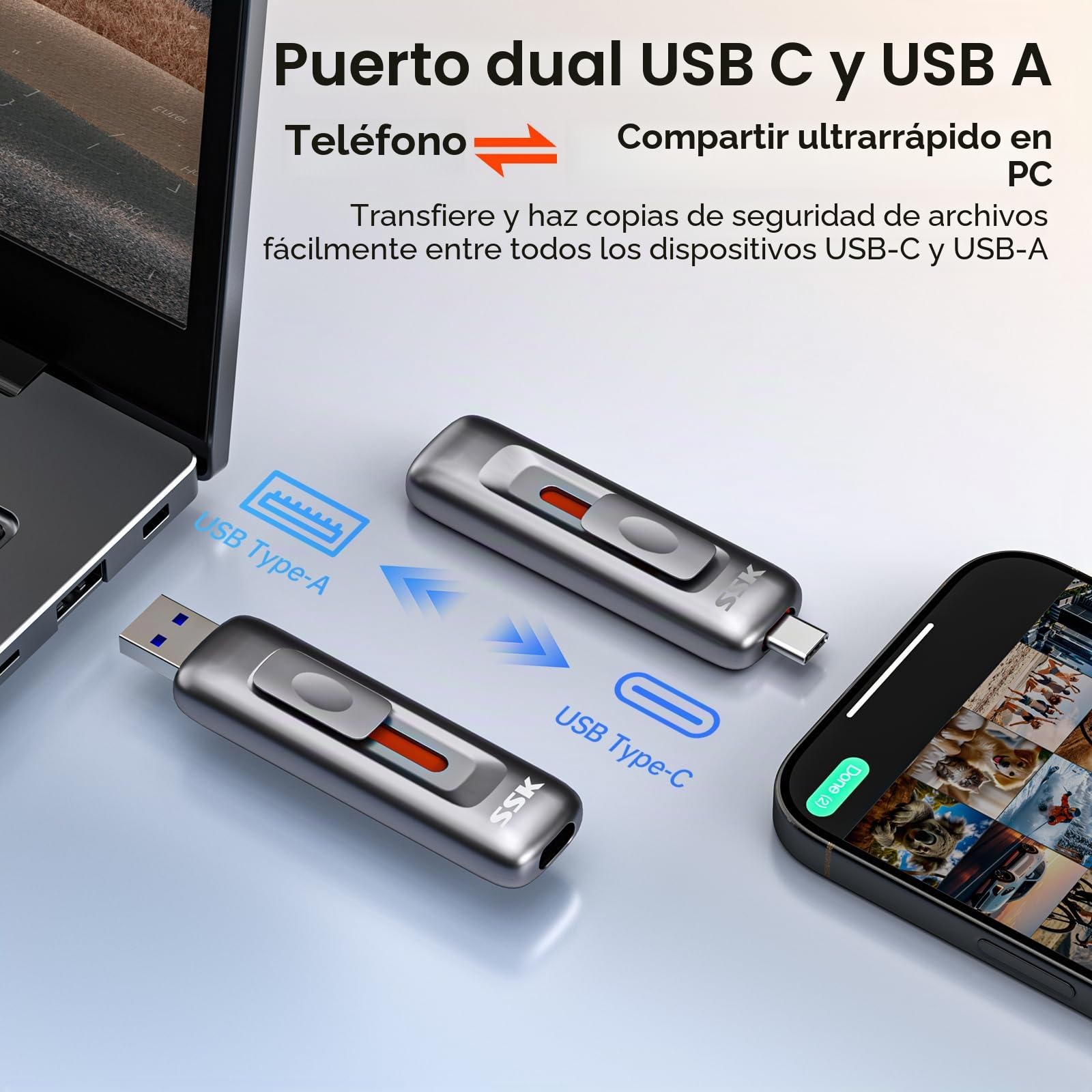 SSK USB C Pendrive 1 TB, Velocidad de Lectura y Escritura de 1000 MB/s, Dual Tipo-C + USB 3.2 Gen2 Memoria USB para iPhone 15/16, Android Phone/Tablet/Windows/Mac