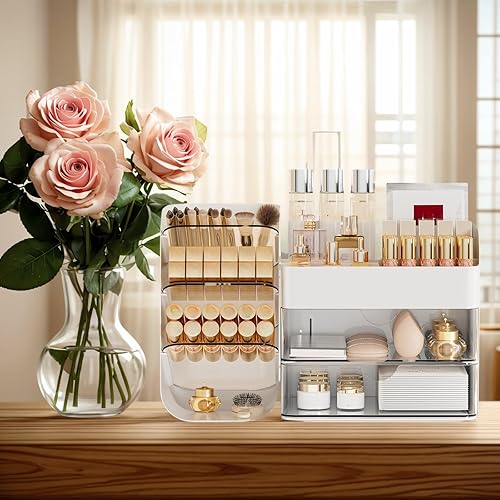 Miniatura 7 de FYABREEK Organizador de maquillaje con cajones de 2 M y soportes para cepillos, estuche de almacenamiento de cosméticos para tocador, encimera de