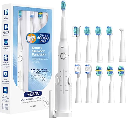 SEAGO Cepillo de dientes eléctrico, cepillo de dientes sónico recargable que dura 30 días con 5 modos y temporizador de 2 minutos, cepillos de