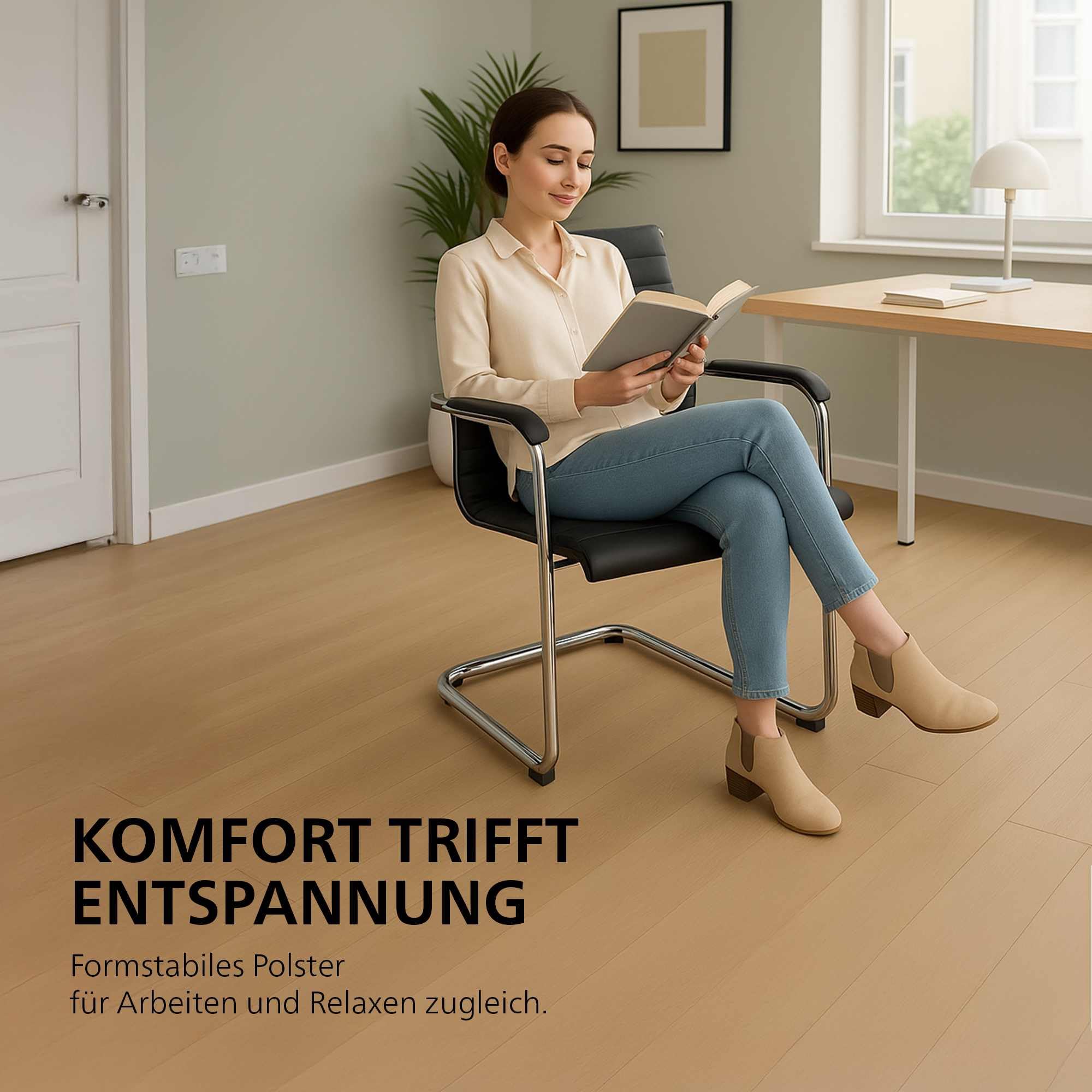 CLP Bürostuhl ergonomisch Hakon, Freischwinger mit Armlehne, verchromtes Metallgestell, schwarzer Besucherstuhl, Konferenzstuhl für Büro, Farbe:schwarz