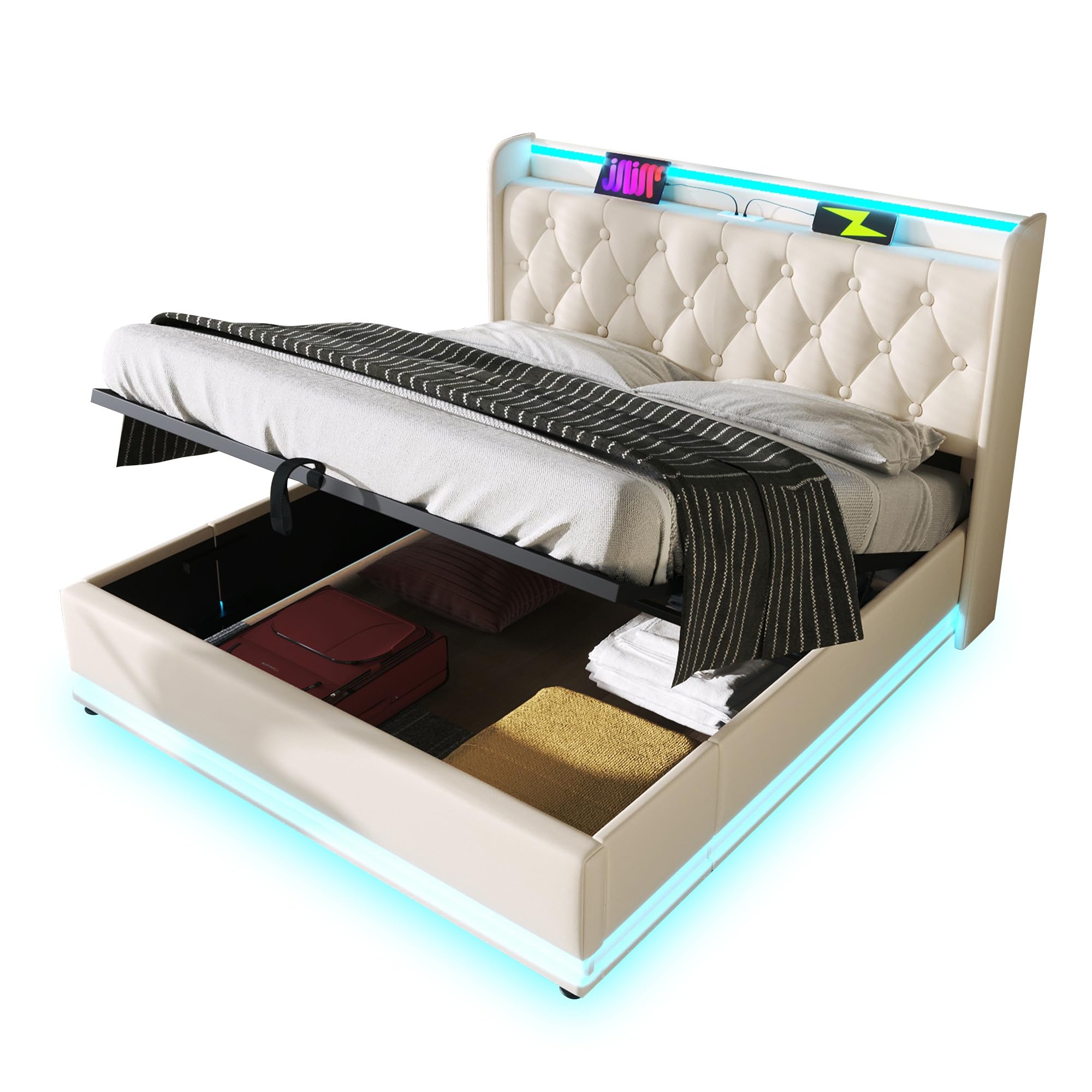 LINKHOO lit rembourré double, fonction LED surround 360, bouton-poussoir/application/télécommande,140*200 cm, matériau PU blanc Lit de camp hydraulique,avec fonction de charge USB Type-C(sans matelas)