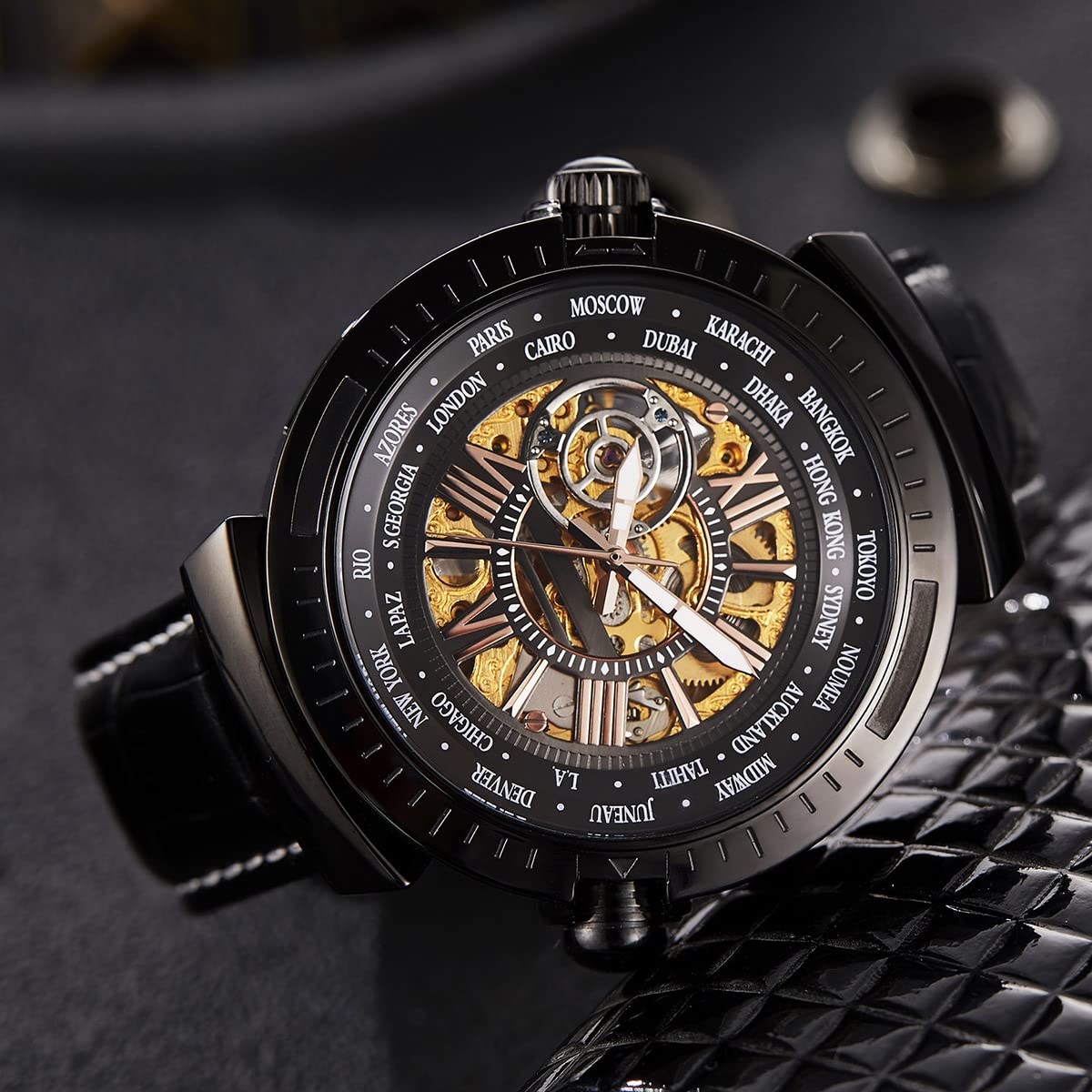 TIME100 Men's Automatic Mechanical Watch Multi-Function Skeleton Dial Stainless Steel Leather Strap Waterproof