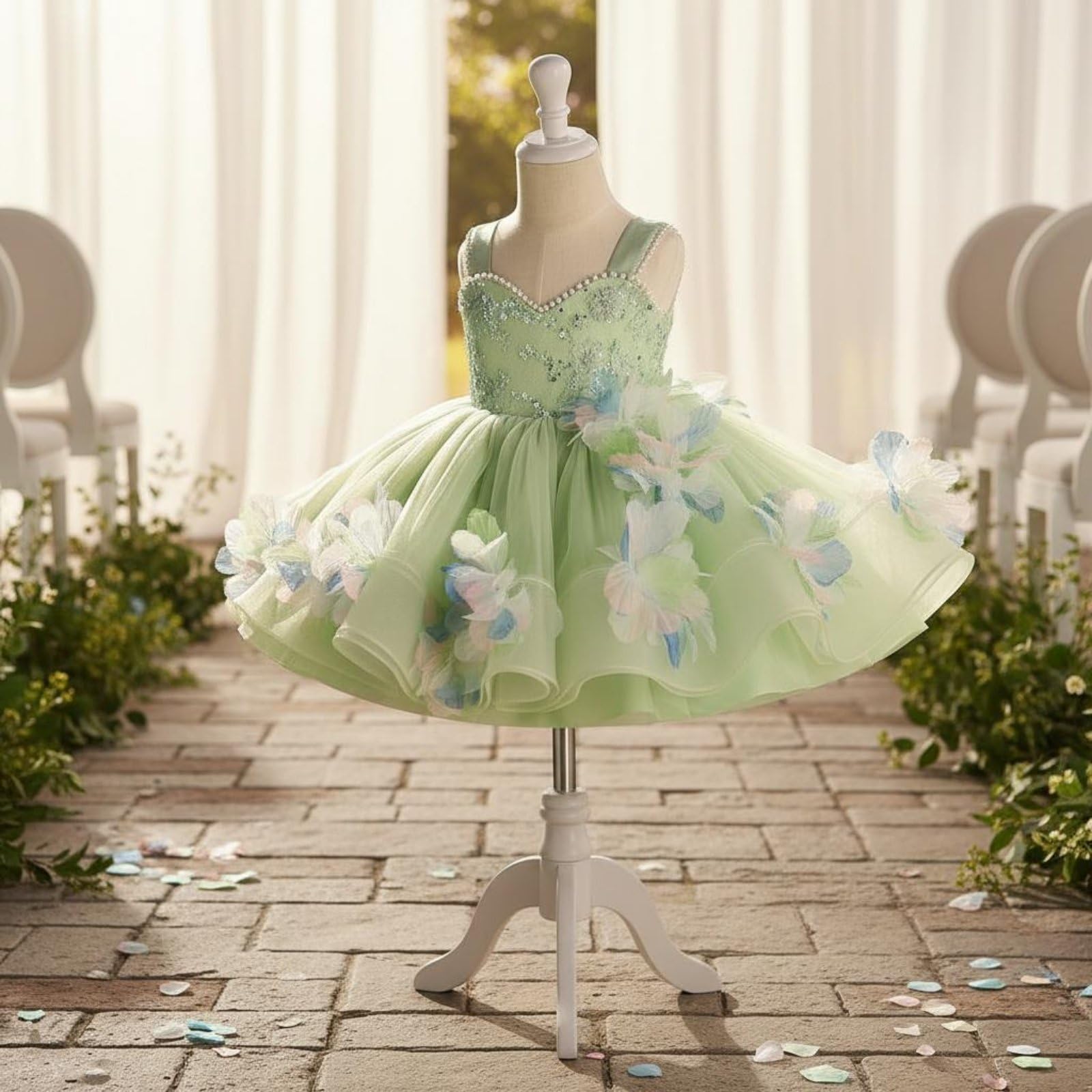 F Fityle Vestido de Fiesta para Niña Vestido Traje Gala con Gran Lazo Posterior Aplicaciones Florales y de Tul Ligero Adecuado para Bodas Comuniones Desfiles Sesiones de Fotos