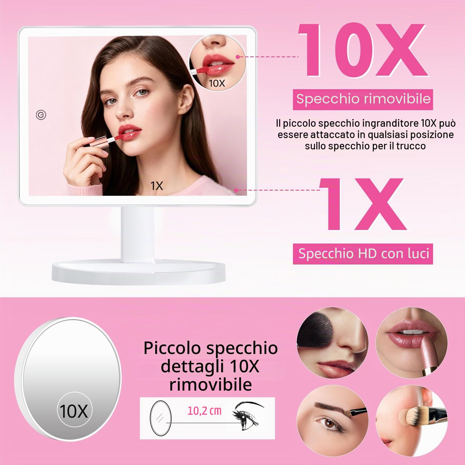 FUNTOUCH - Specchio grande per trucco illuminato con 88 LED, touch screen rotante a 360°, ingrandimento 10x, specchio cosmetico portatile da tavolo per il trucco
