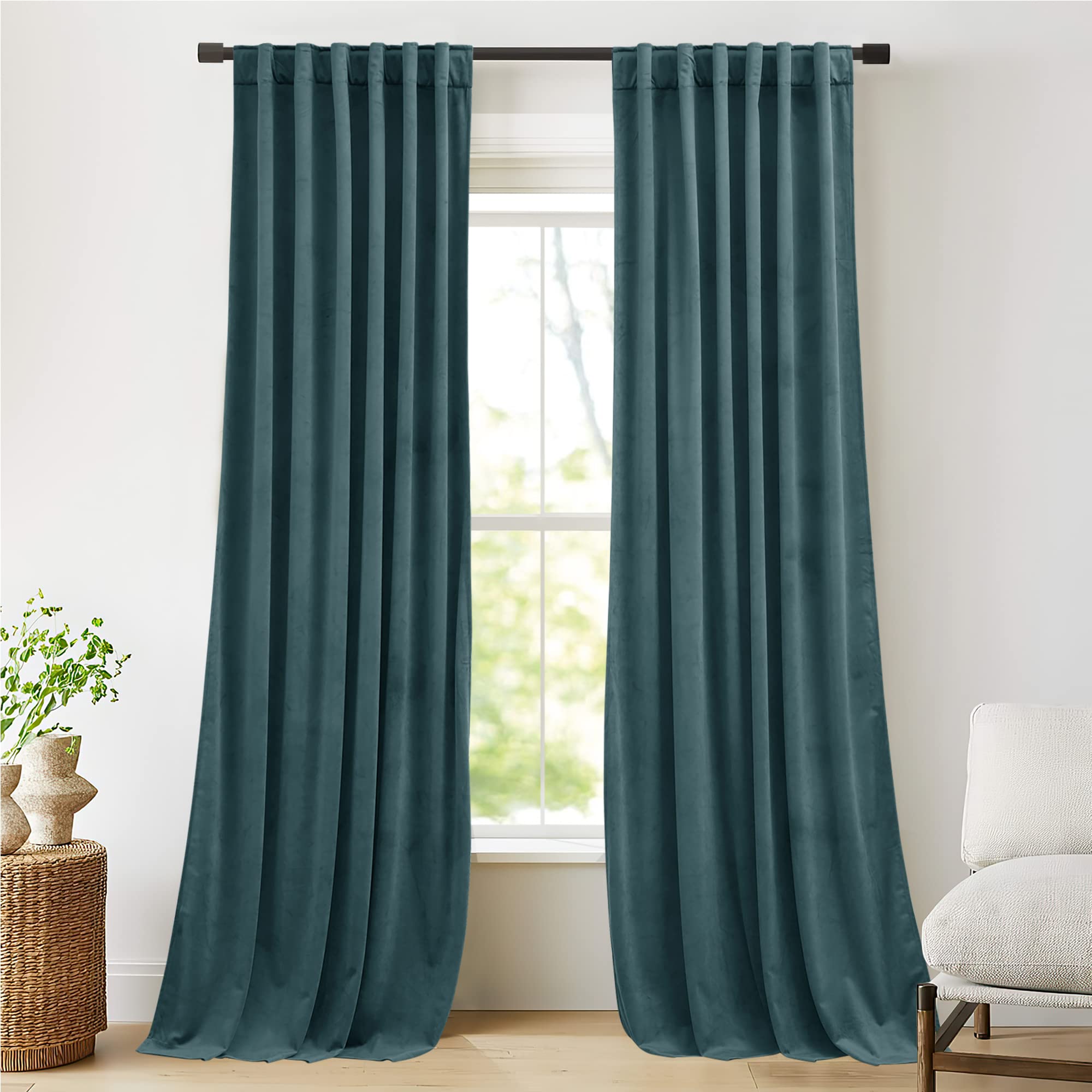 NICETOWN Greyish Blue Back Tab Velvet Curtains Room Darkening Panels, Thermal Insulated Super Soft Luxury Window Drapes for Hotel Hall Holiday Bedroom Living Room Decor, 2 Panels, 96" Length