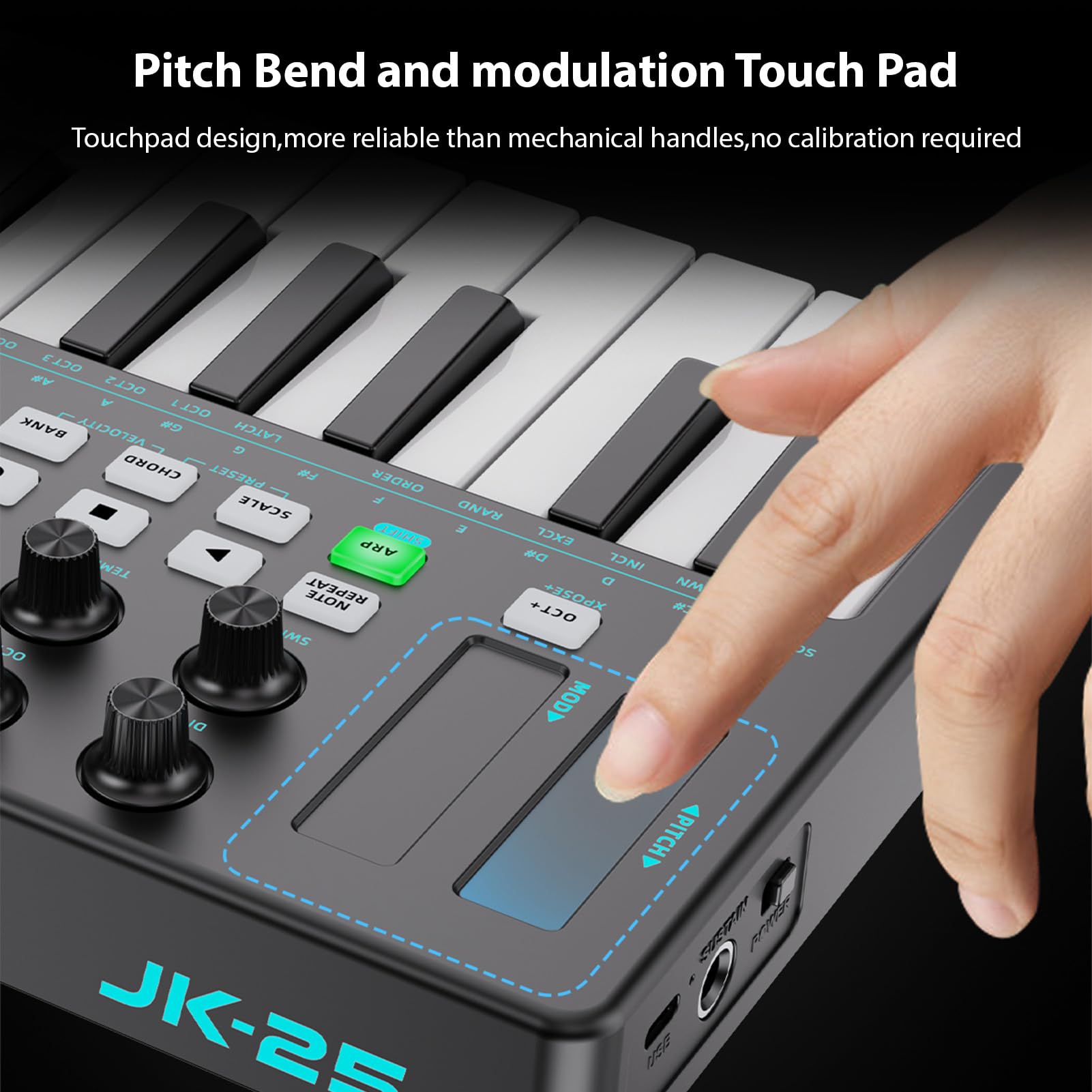 Walmeck Tastiera Controller MIDI BT a 25 Tasti con Pad Sensibili Alla velocità, Funzione di Accordo Arpeggiatore e Ricevitori Ricaricabili per la Produzione DAW (Nera)