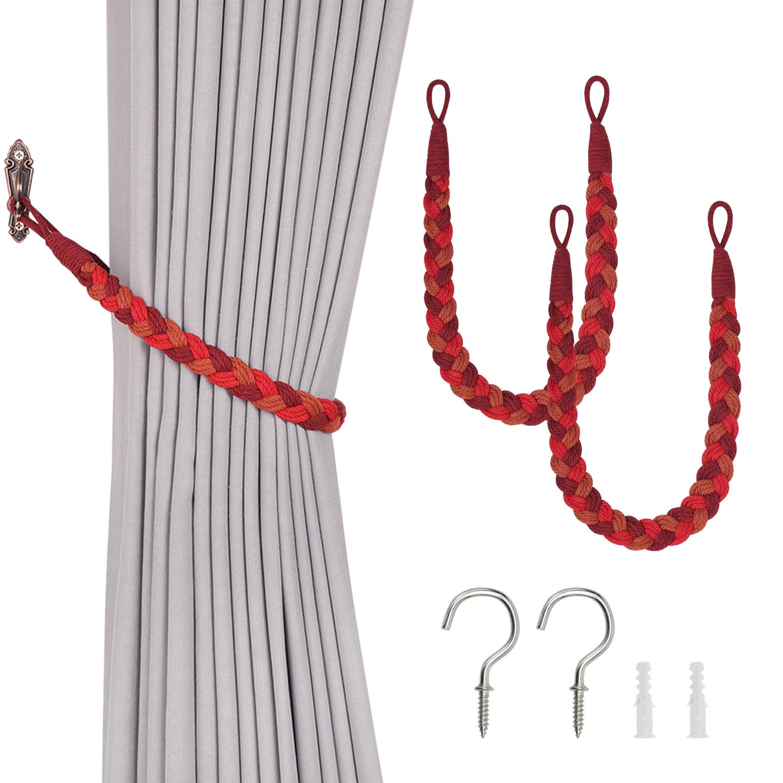 Pretty Jolly 2 Pack Natural Cotton Rope Curtain Tiebacks Elegant Boho Style Decorative Drape Tie Backs Soft Hand-Woven Rope Curtain Holdbacks with Metal Hook for Home & Office Drapery (Sunset Red)