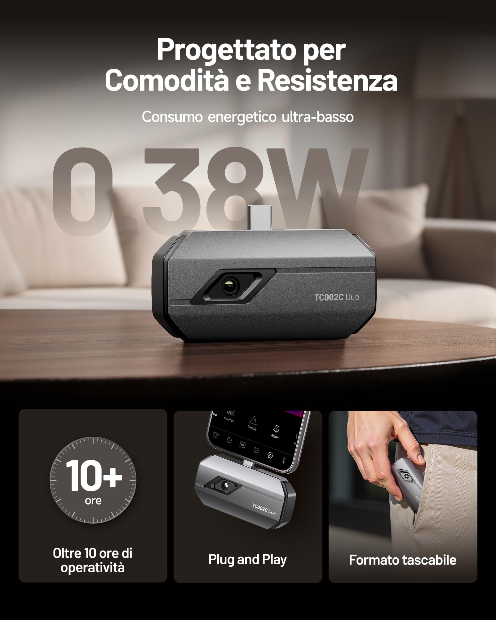 TOPDON Termocamera Professionale TC002C Duo per iPhone/Android, 512x384 Risoluzione TISR, Telecamera Termica da -20℃ a 550℃, Precisione 0.1℃, Frequenza di Aggiornamento 25Hz,40mK