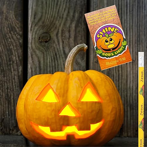 Miniatura 2 de Biblebanz 24 juegos de lápices de calabaza cristiana con Let Your Light Shine a granel calabaza Halloween tarjetas de bolsillo tronco o golosina