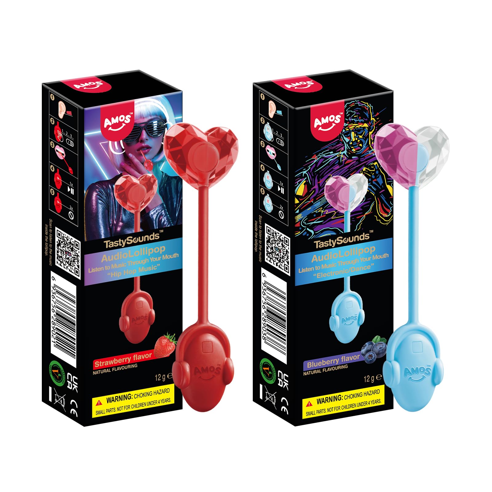 AMOS TastySounds Audio Lollipop 2-Pack Combo - Strawberry & Blueberry Flavors, Bone Conduction Music Candy with Earbud Design