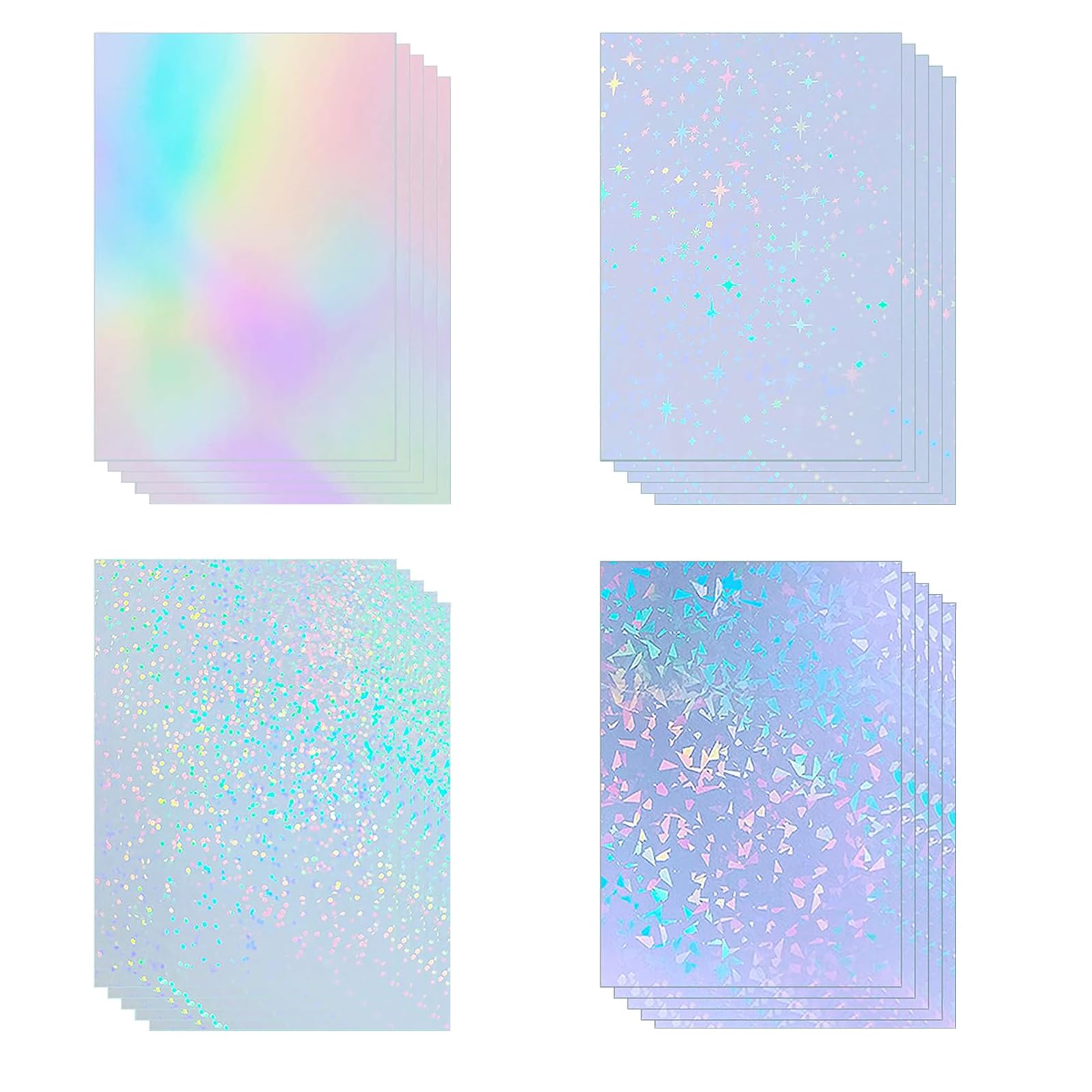 Sumhao Holographic Sticker Paper 20 Sheets Clear Holographic Vinyl Stickers Self Adhesive A4 Laminating Sheets for Photos, DIY Crafts, Stickers, Scrapbooking & Card Making (Star, Gem, Dot, Rainbow)