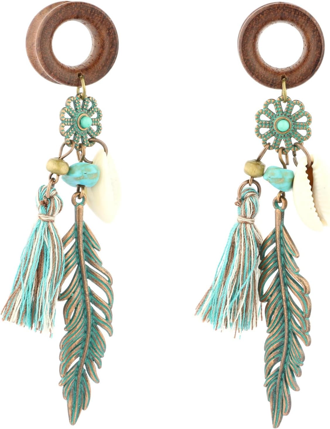 Balala 8mm-22mm Verdigris Patina Brass Feather Tassel Shell Dangle Wood Ear Gauges Piercing Flesh Tunnels Plugs Statement Earrings