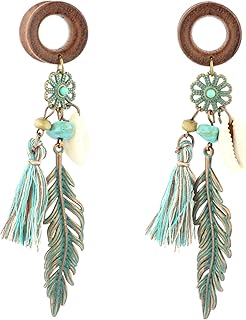 8mm-22mm Verdigris Patina Brass Feather Tassel Shell Dangle Wood Ear Gauges Piercing Flesh Tunnels Plugs Statement Earrings