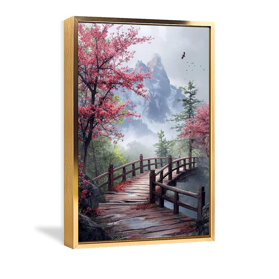 絵画 インテリア　絵　油絵　uF6-062803　風景 (橋のある風景） 絵画 インテリア 絵 油絵 uF6-062803 風景 (橋のある風景）