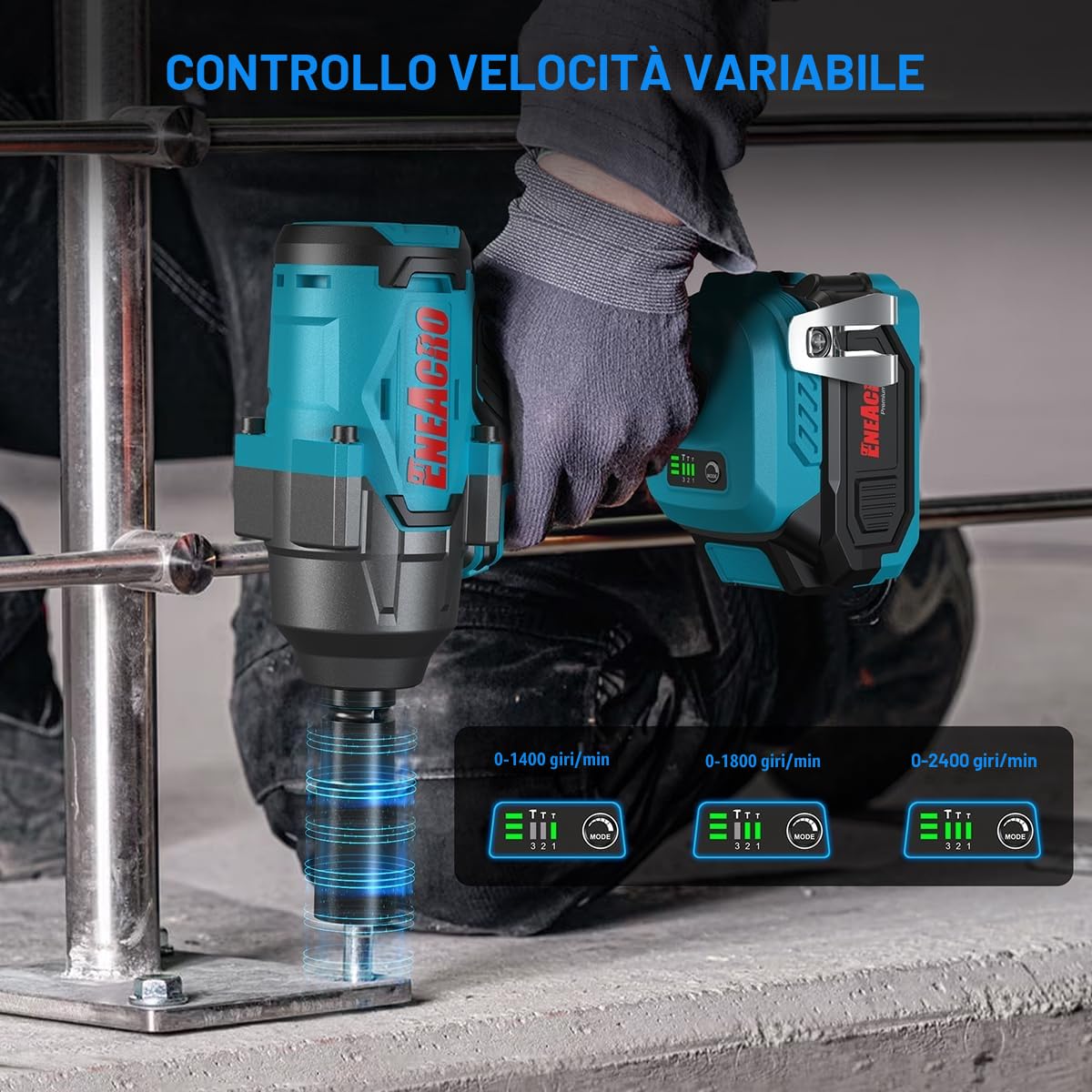ENEACRO Avvitatore a Impulsi Senza Fili 20V, Coppia Elevata 1/2 Pollice 1000 N.m, Avvitatore Brushless con 3 Modalità di Velocità, Luce LED, Batteria da 4000mAh Caricatore Rapido e Accessori