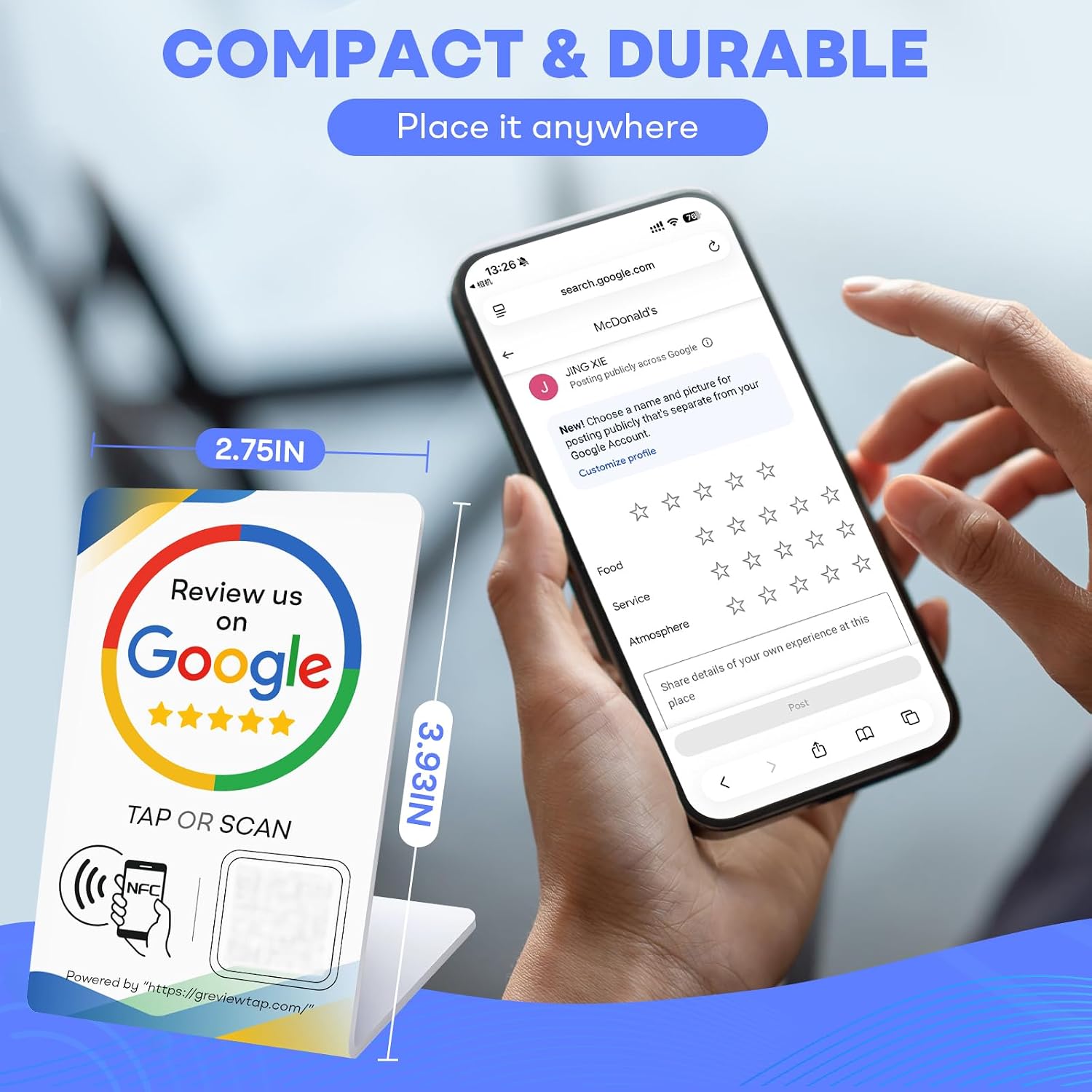 NFC Tap Review Stand for Google Review, Review Stand with QR Code, Review Booster for Business, No App No Subscription, Compatible with iPhone and Android (3, White)