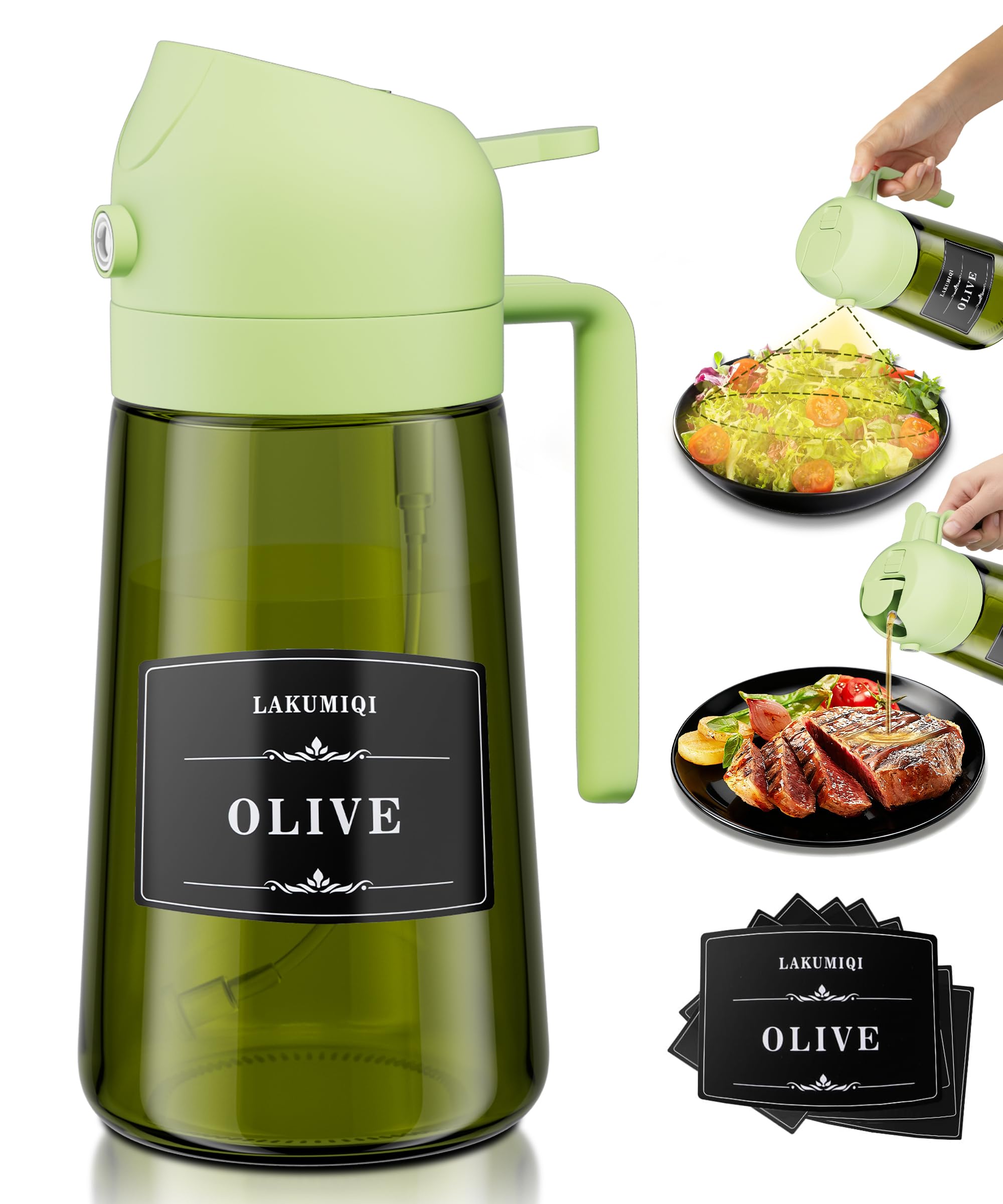 Oliver Oil Sprayer Dispenser for Cooking Bottle 16oz Green Glass Green | 2-in-1 Lightproof Borosilicate Glass Oil Bottle, Wide Mouth for Easy Refill Clean