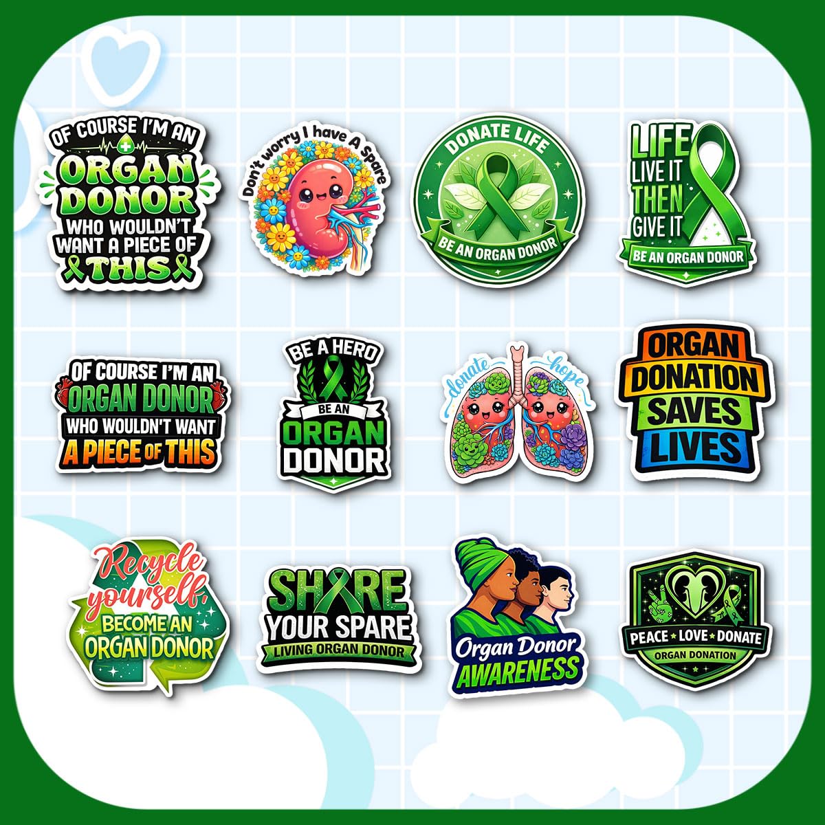 Stickers donneurs d'organes durables : lot de 12 vinyles imperméables