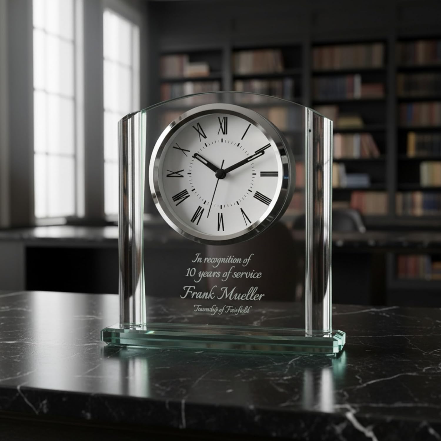 Personalized 6 1/4" Arch Glass Clock Award, Custom Engraved Glass Desk Clock for Employee Appreciation, Recognition, Retirement