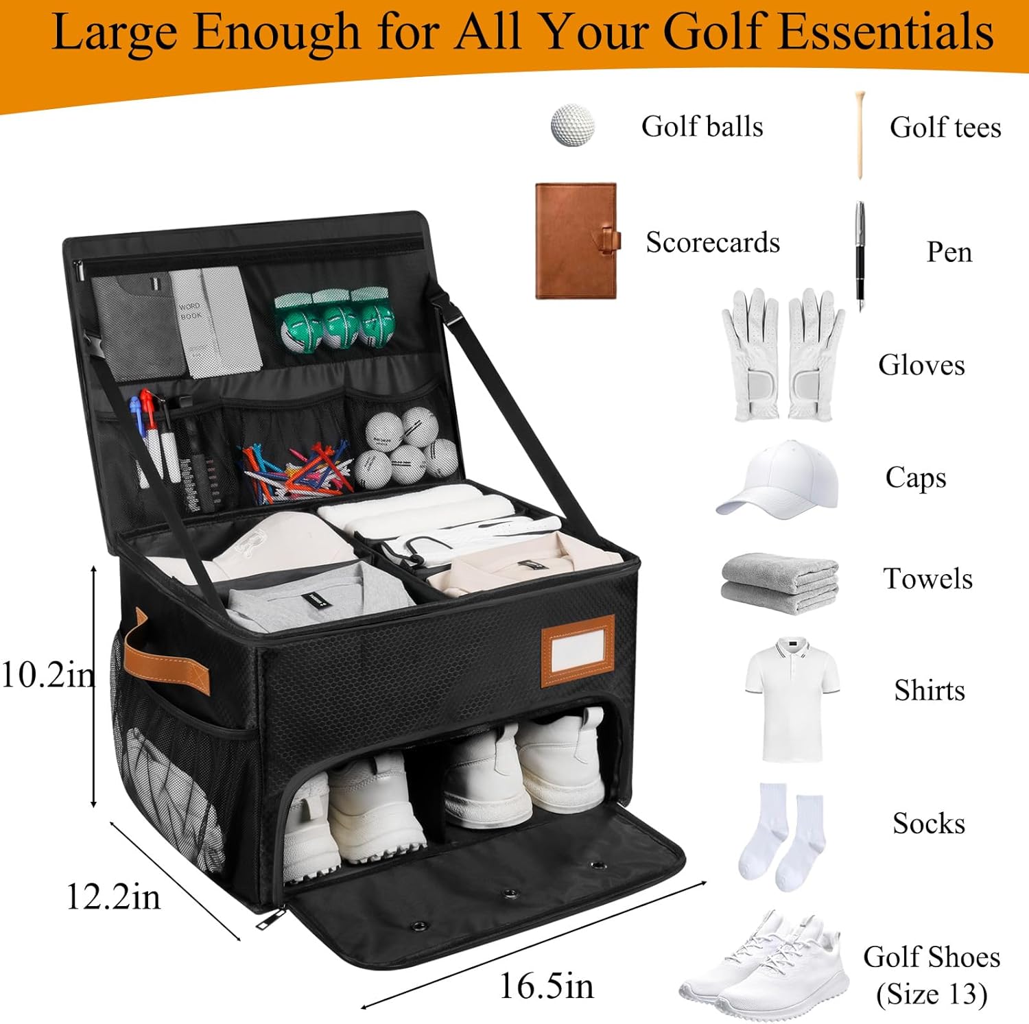 2 Layer Golf Trunk Organizer, Golf Organizer with 2 Pairs Shoes Compartment, Golf Storage Waterproof Car Trunk Locker for Balls, Caps, Clothes, Gloves, Accessories, Gifts for Golfers