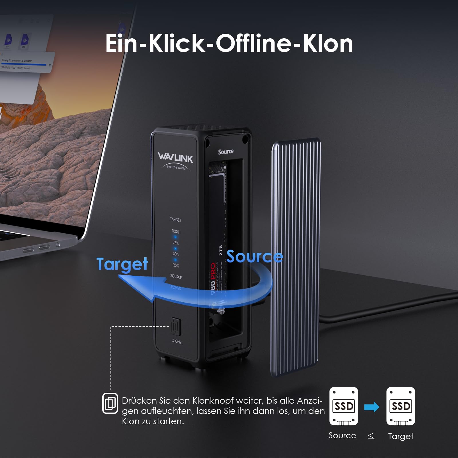 WAVLINK 40Gbps NVME Gehäuse,Dual-Bay M2 SSD Gehäuse,Offline Klonen