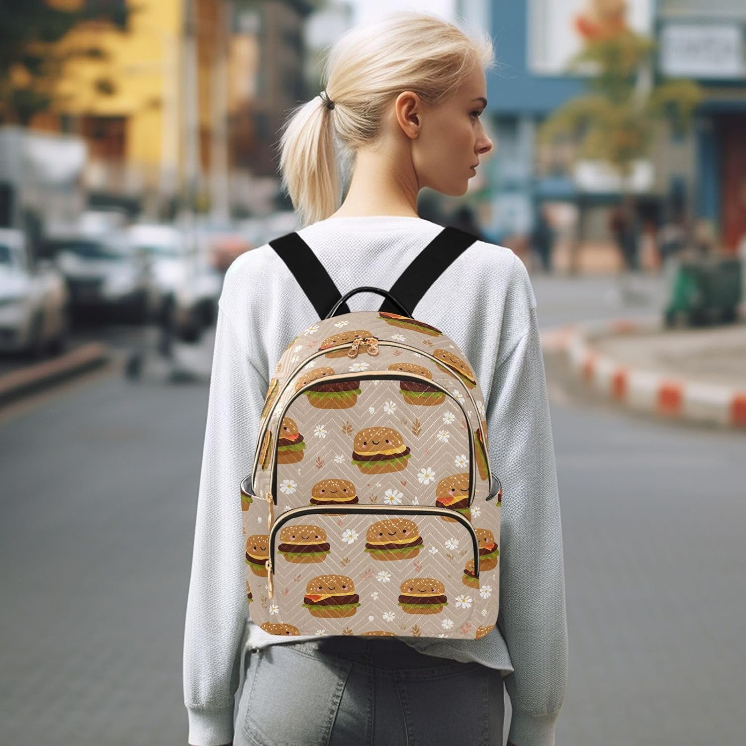 Cute Hamburger Flowers Backpack Purse for Women Shoulder Bag Fashion Daypack Ladies Handbag Lightweight Travel Bag Rucksack