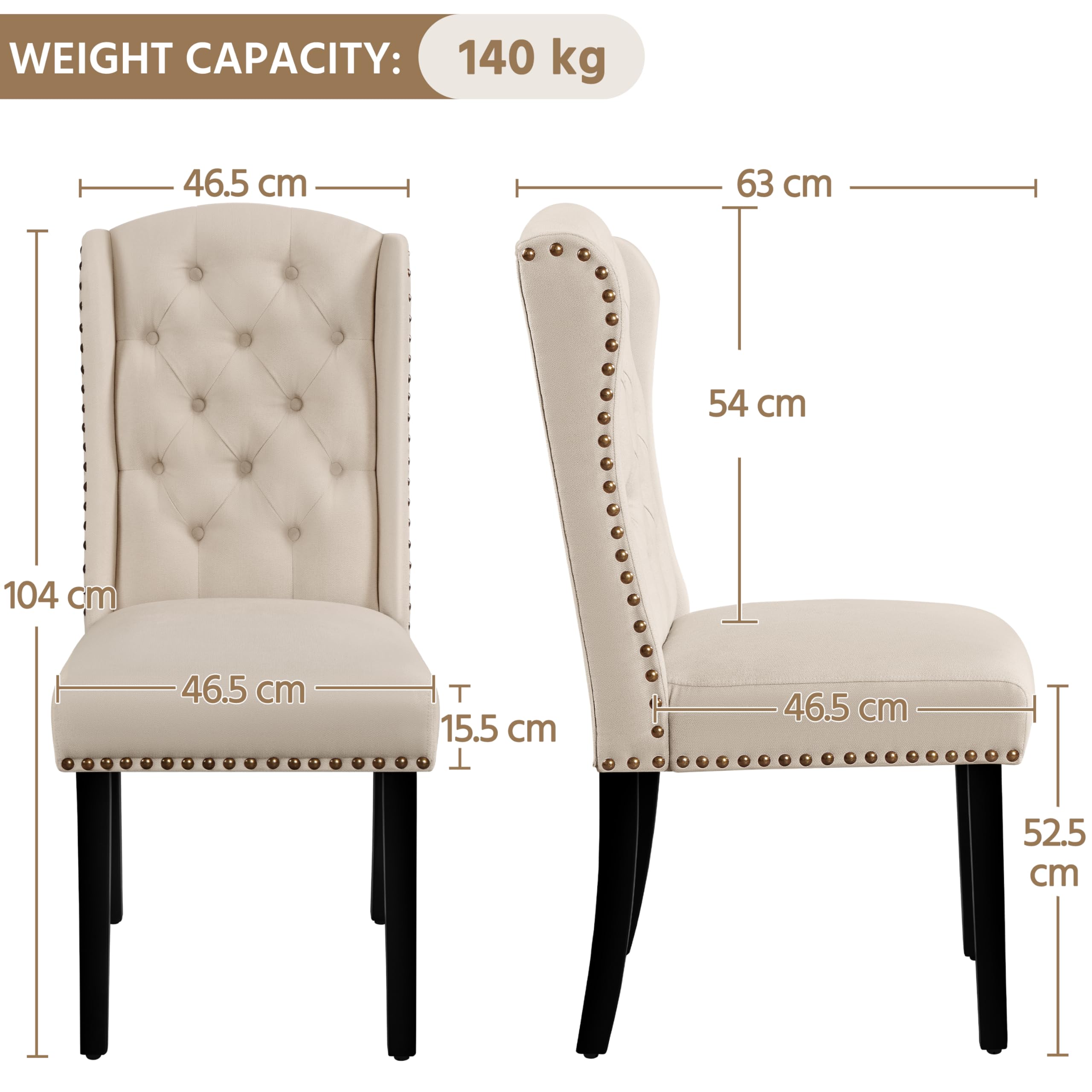 Yaheetech Set 2 Sedie Sala da Pranzo Tessuto Imbottite Eleganti Gambe in Legno Massello Schienale Alto con Bottoni Portata 140 kg Beige