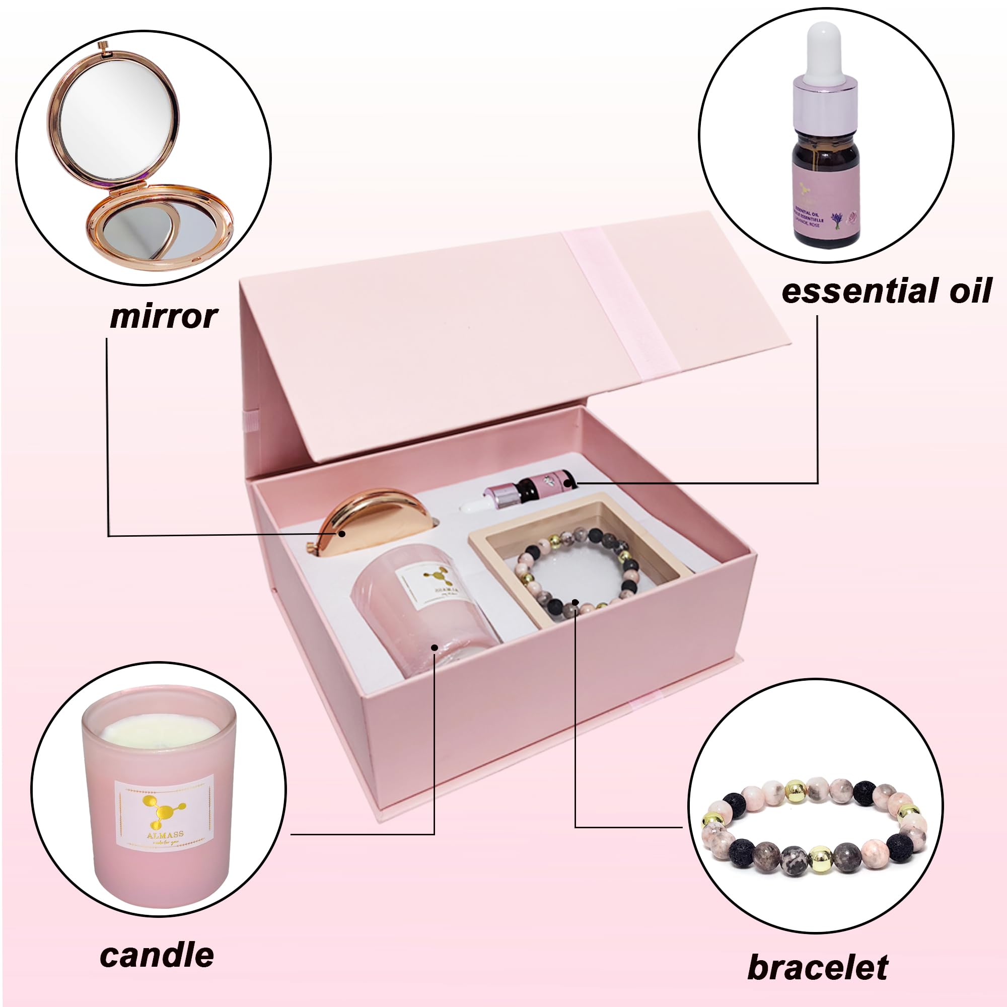 Cadeau pour ma femme - Coffret cadeau - gourmette femme : Bracelet Diffuseur Huile Essentielle 19 cm Artisanal naturel+ 5ml huile essentielle (rose,lavande) + Miroir poche + Bougie parfumée végétale