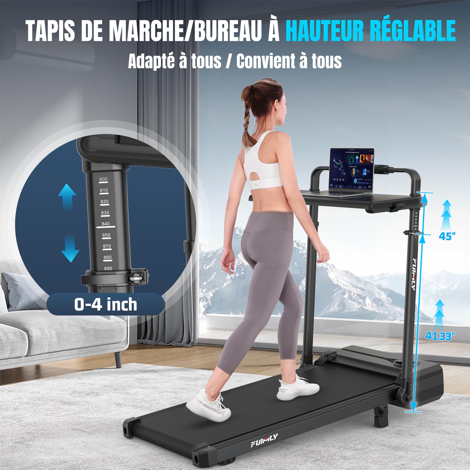 Tapis de Course Pliable Inclinable avec Bureau, Tapis de Marche Inclinaison 9%, avec Barre, Capacité 136 kg+, Bureau Réglable en Hauteur et Amovible, Compact, Moteur 3,5 CV, pour Maison/Bureau