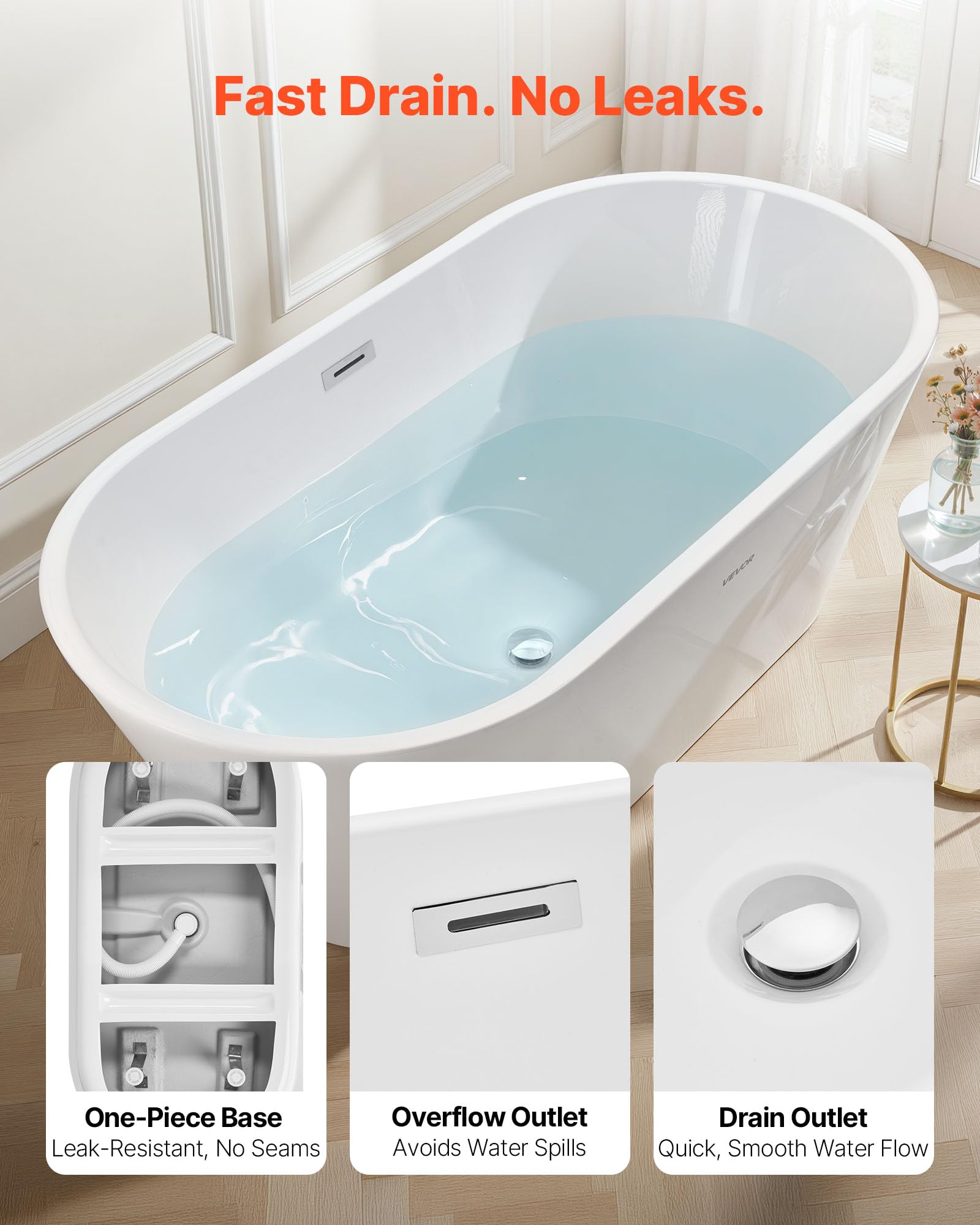 VEVOR Bañera Exenta 150 x 75 x 58 cm, Bañera Independiente Acrílica de Oval 230 L, Conjunto de Desagüe y Rebosadero con Acabado en Cromo Pulido, Diseño Elegante, para Baño Moderno Hidromasaje, Blanco