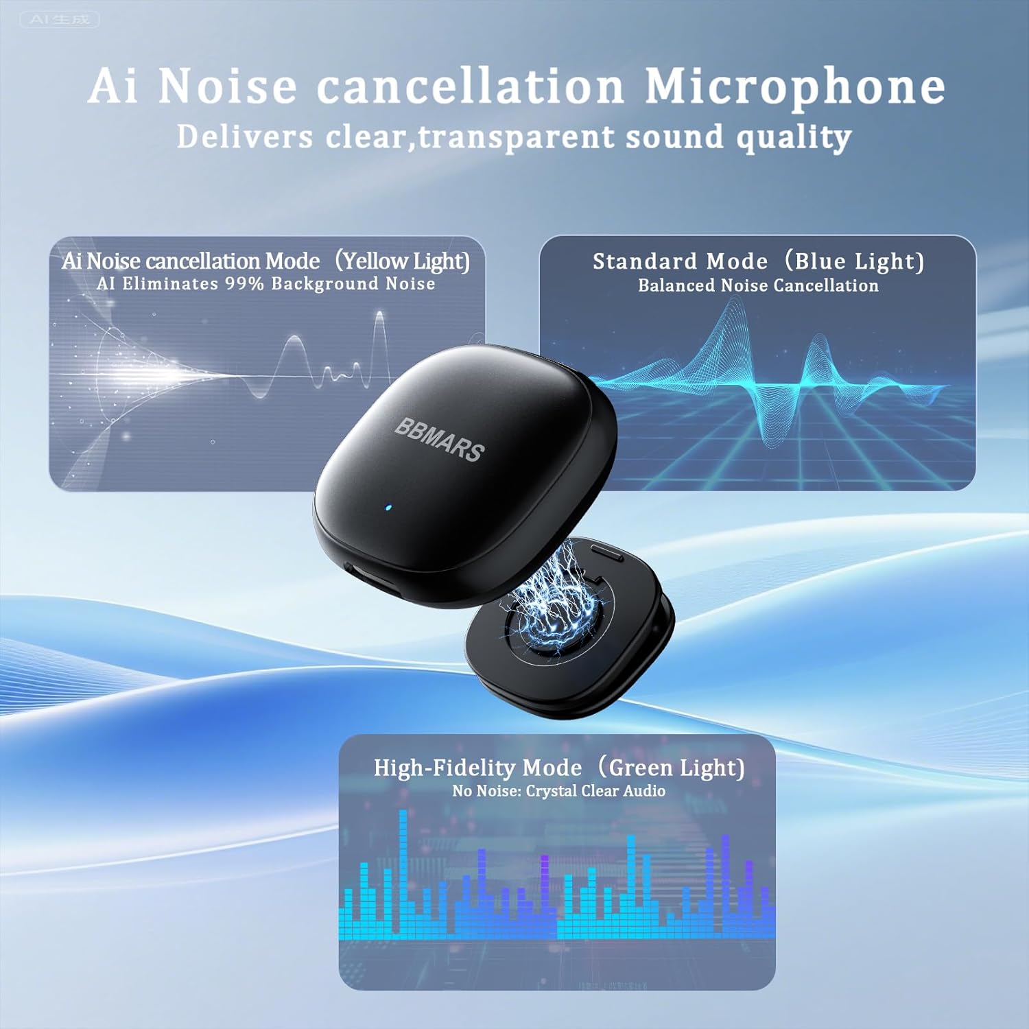 BBMars AI Noise Mini Cancelling Wireless Lavalier Microphone, 2.4GHz USB-C, 48kHz/16bit, 50m Range with 8H Battery, Charging Case for iPhone, Android, Streaming