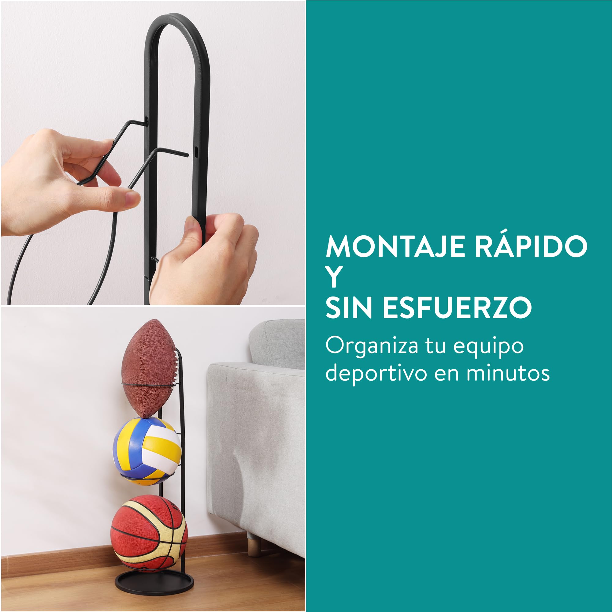 Navaris Soporte Balon Futbol - Soporte Balones Futbol Voleybol Balonmano Baloncesto - Soporte para 3X Pelotas para Garajes Gimnasio Pabellon Colegio Fisioterapia Rehabilitación
