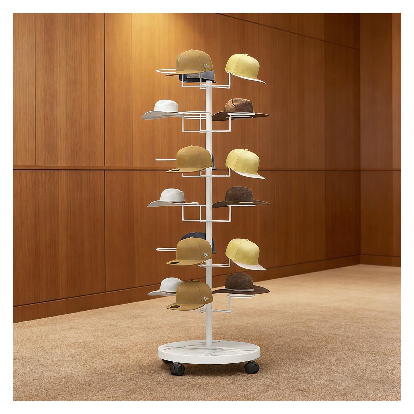 YNBSHGAA Large Capacity Hat Display Rack, Metal Stand Holds 30 Hats, 360° Rotatable Freestanding with Wheels for Retail Store,White