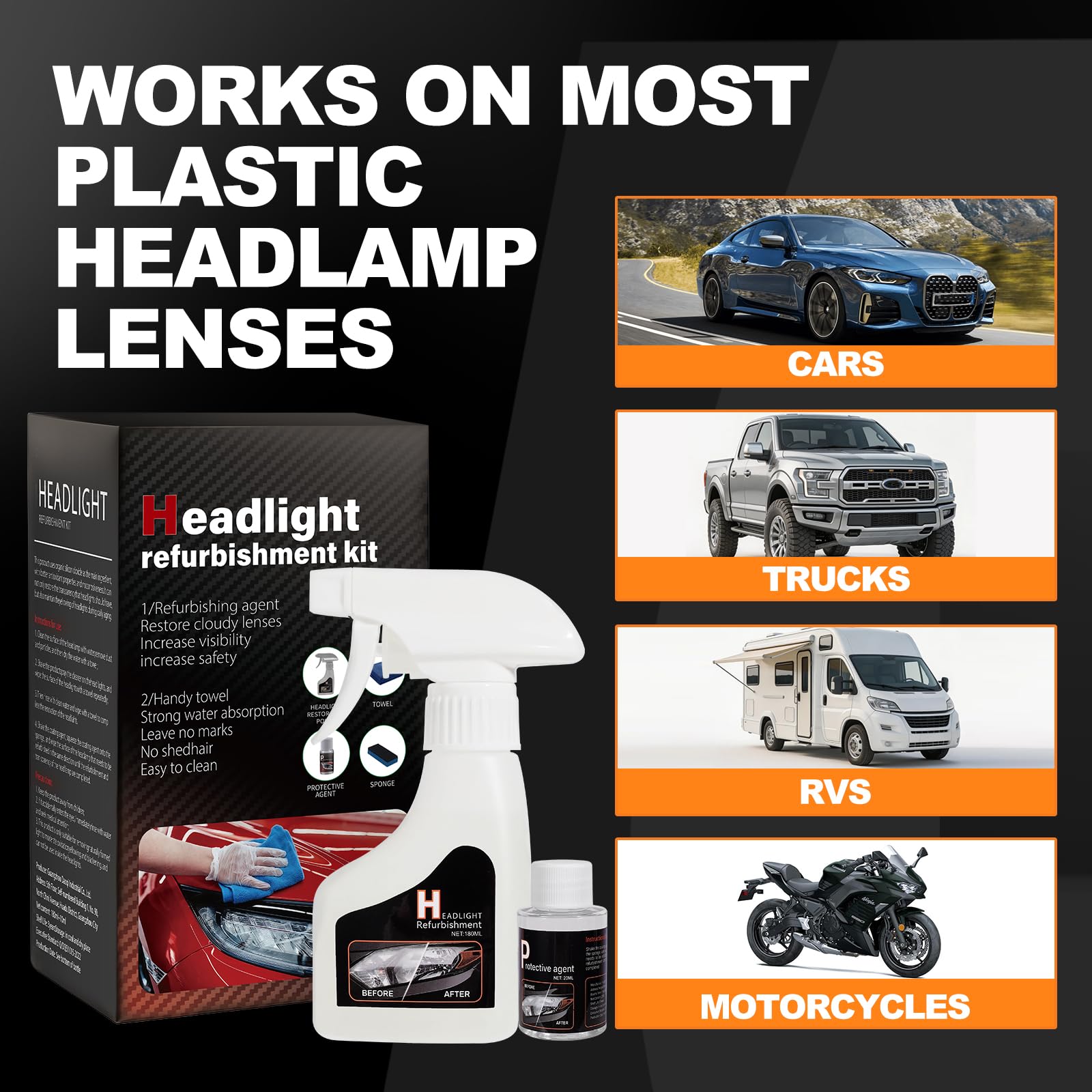 MineeCozee Headlight Restoration Kit Cleaner Restorer: Car Headlamps Oxidized & Yellowed Lens Repair with Protective Coating - Clear Bright Headlights for Trucks Motorcycles — view 5