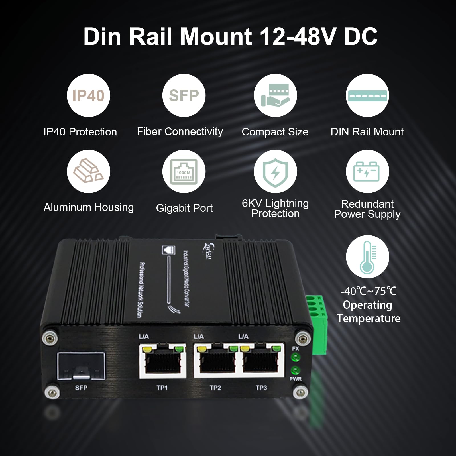 Mini commutateur Ethernet Gigabit industriel à 3 ports, avec RJ45 10/100/1000 Mbps, 1 port SFP, convertisseur de média à fibre optique sur rail DIN, IP40, -40 ℃ ~ 75 ℃