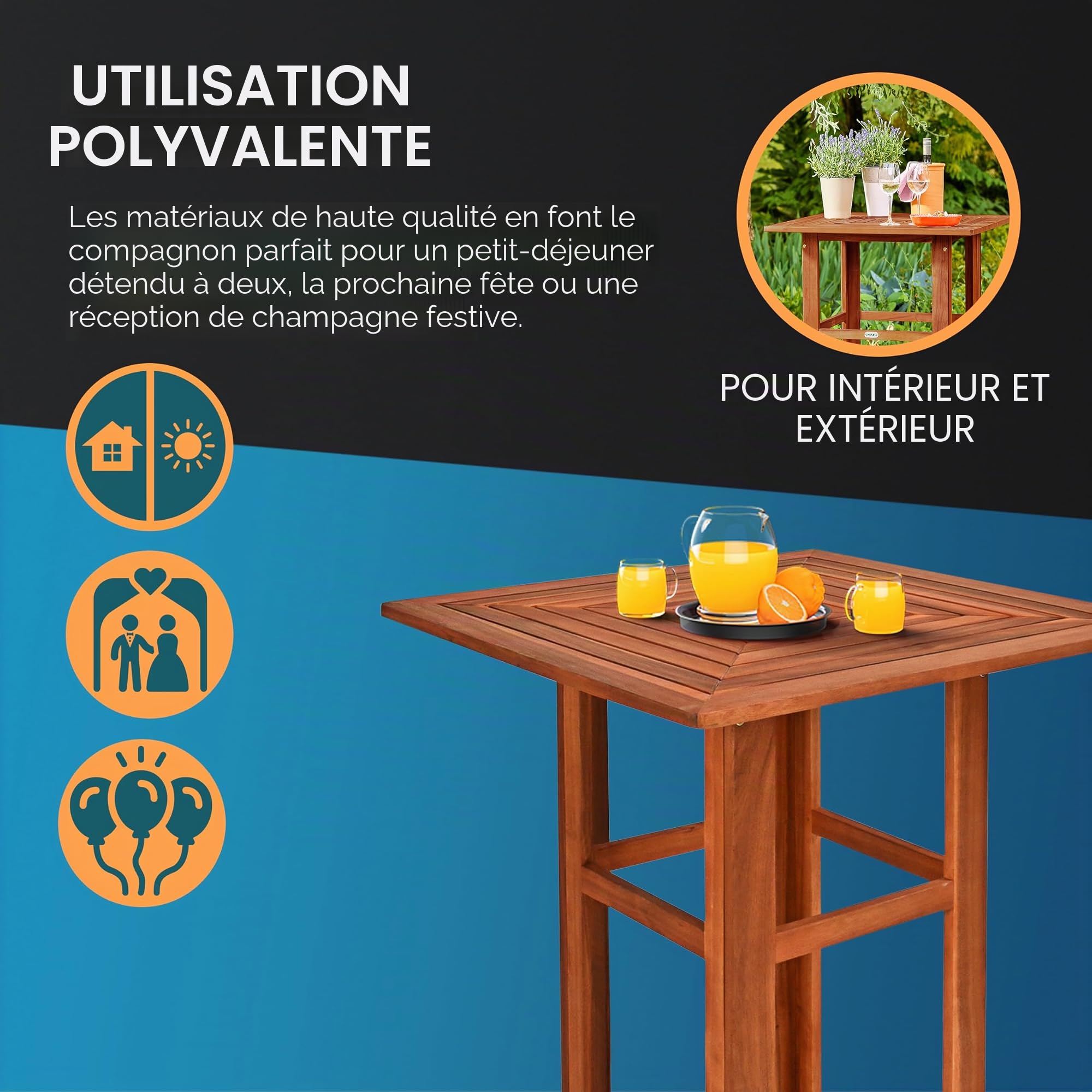 Casaria Table Haute avec 2 tabourets Ensemble de Bar en Bois d'acacia Mange Debout intérieur extérieur