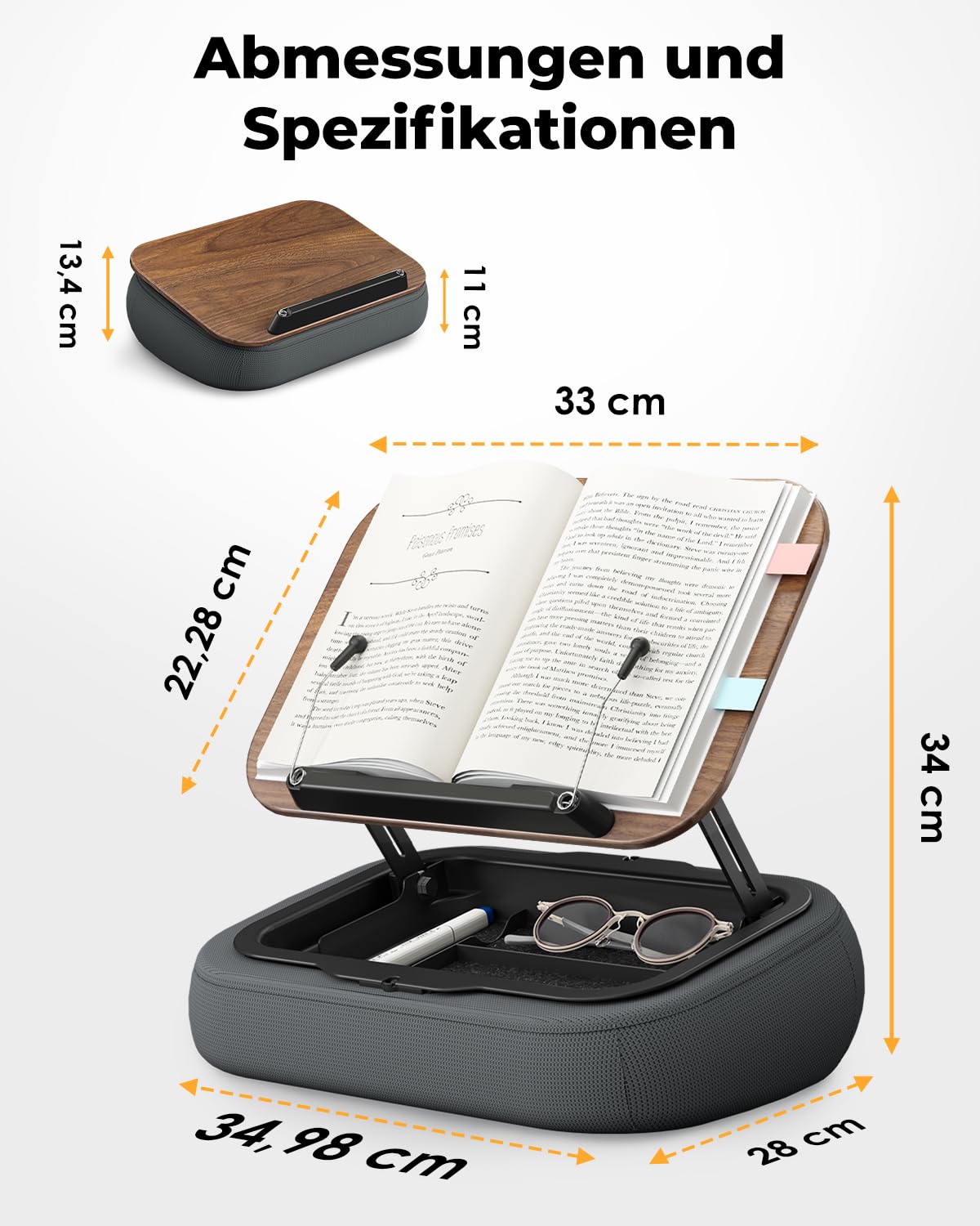 SupeDesk Soporte para libros para leer, soporte de lectura ajustable para sofá, cama, escritorio, cojín de lectura suave con clip lateral y espacio de almacenamiento, plegable, manos libres, esencial