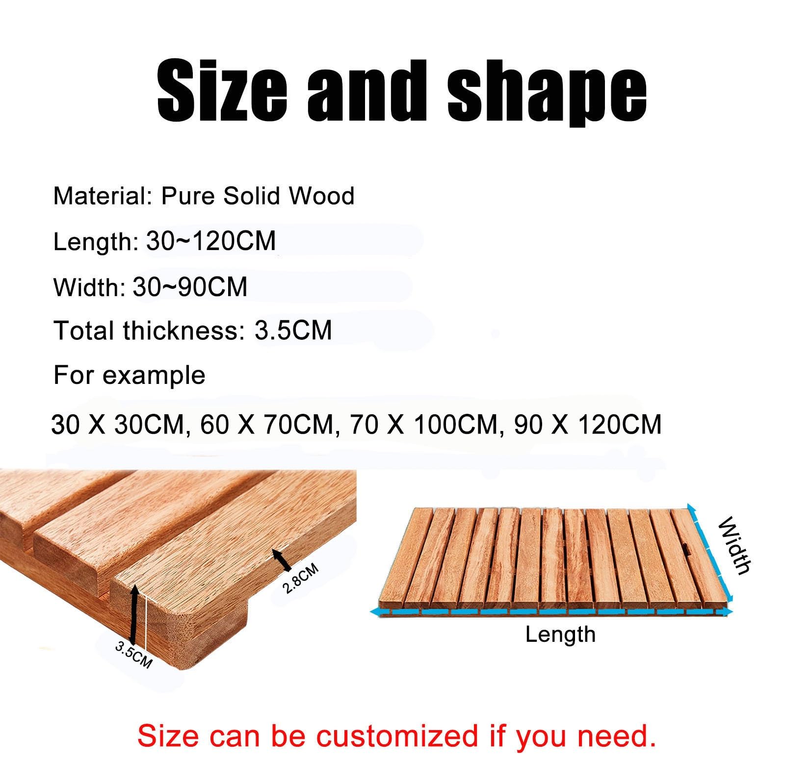 badematte Holz Breite 30 60 80 90 cm, große Duschmatte aus Holz, rutschfeste Duschmatte für drinnen und draußen, für luxuriöse Wellnessbereiche und Badewannen.(30CM X 95CM)