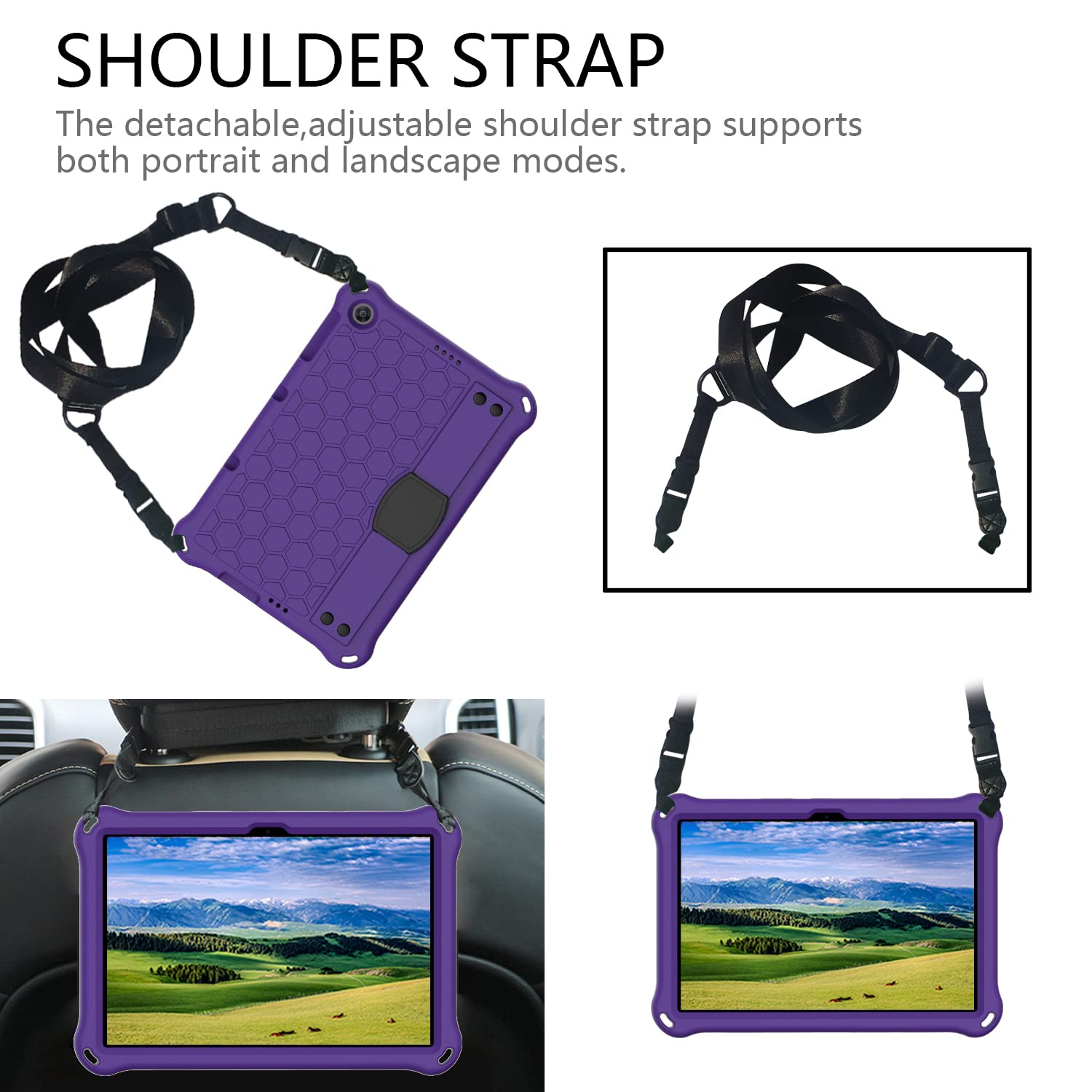 Etui ochronne do Huawei MatePad T10 9,7" / MatePad T10s 10,1" / Enjoy Tablet 2 (2020), wytrzymałe, odporne na wstrząsy silikonowe etui ochronne z uchwytem i paskiem na ramię - fioletowe + czarne