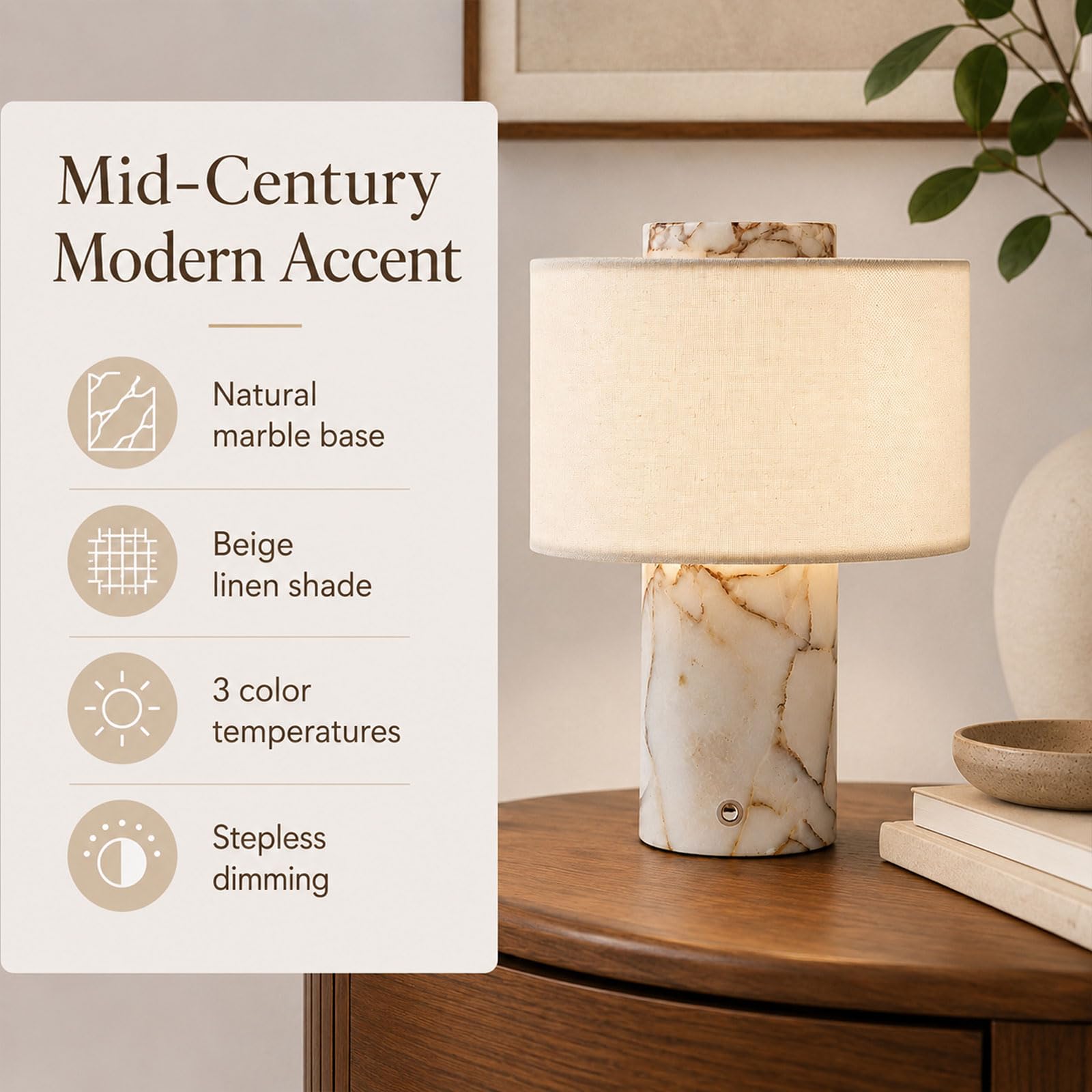 Lampe De Table En Marbre Rechargeable Sans Fil 5200 MAh, En Pierre À LED, Chevet À Intensité Réglable Par Effleurement, 3 Températures, Veilleuse Beige Lin Pour Chambre, Salon Ou Bureau