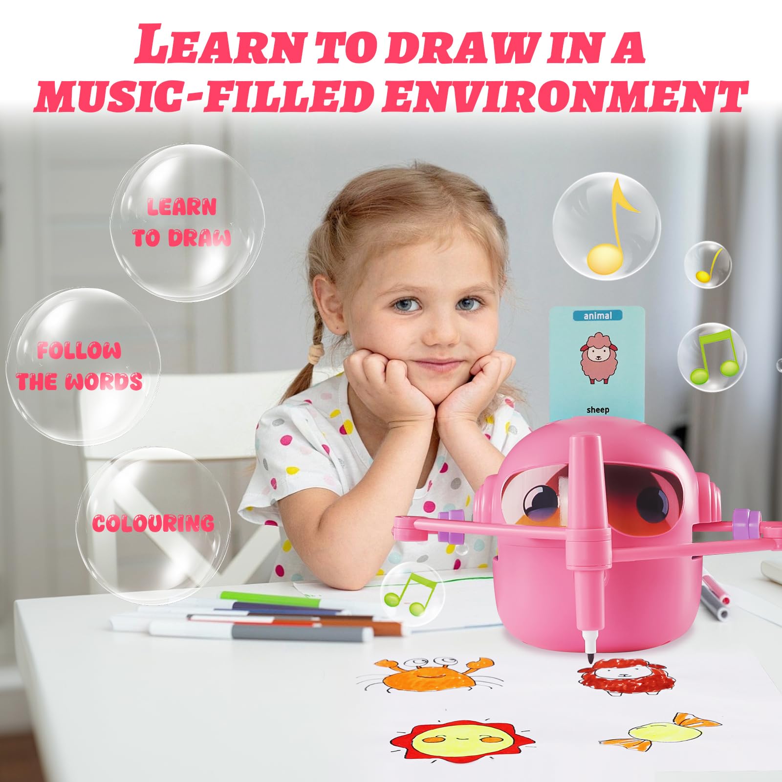 Roboticador de Dibujos para Niños,Drawing Robot Educativo Interactivo con Interacción de Voz,100 Tarjetas y 14 Lápices,Robots Inteligente Juguete,para Niños Niñas 3+ Años (Rosa)