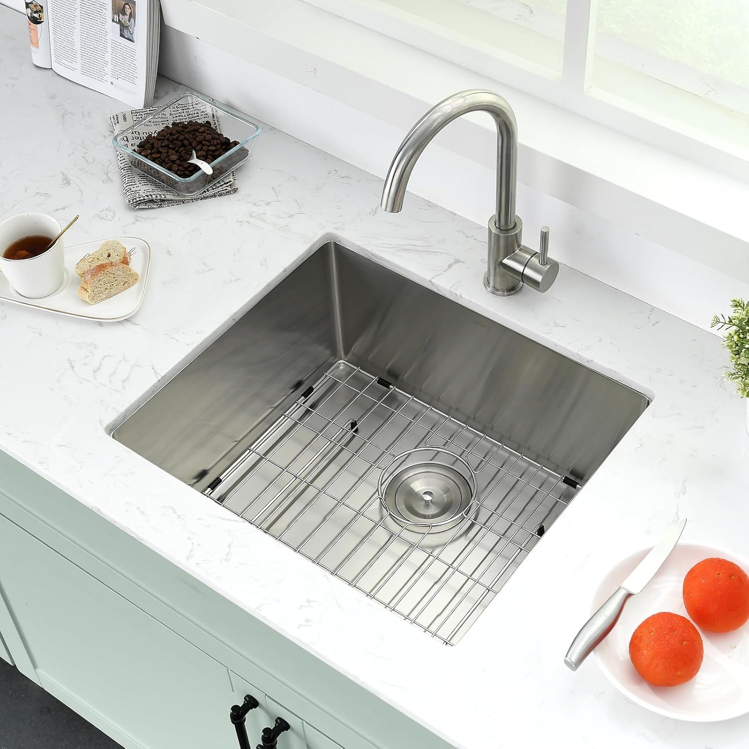 PEPO 21x18 Undermount Kitchen Sink, 16 Gauge Stainless Steel Single Bowl with Strainer, Handmade Square Bar Prep Sink for RV and Outdoor