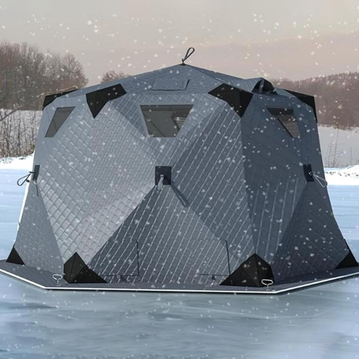 Portable Ice Fishing Tent, 420D Insulated Layer Ice Shanty Hexagon Ice Huts Ice Fishing Shelter with Stove Jack and Floor, for 6-8 People