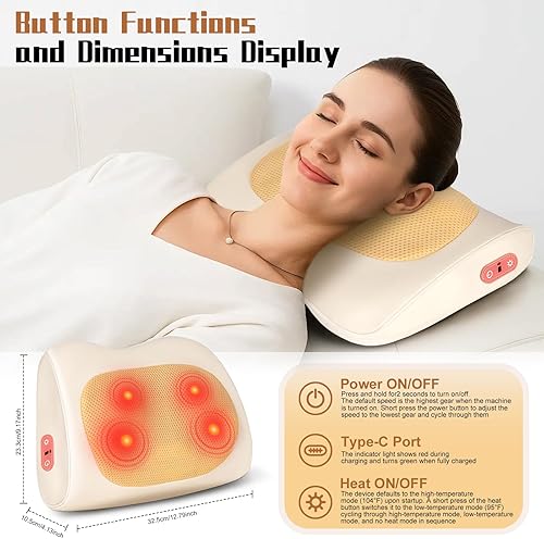 Miniatura 2 de Shiatsu Masajeador de espalda y cuello con calor, almohada de masaje eléctrica portátil 3D inalámbrica, masaje de tejido profundo para cuello,