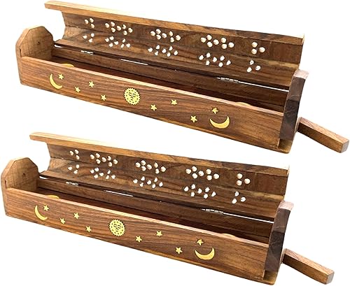 Vista 12 de Paquete de 2 quemadores de incienso de madera tipo ataúd - Incrustaciones de latón de 12 pulgadas - Compartimento de almacenamiento (Buddha)